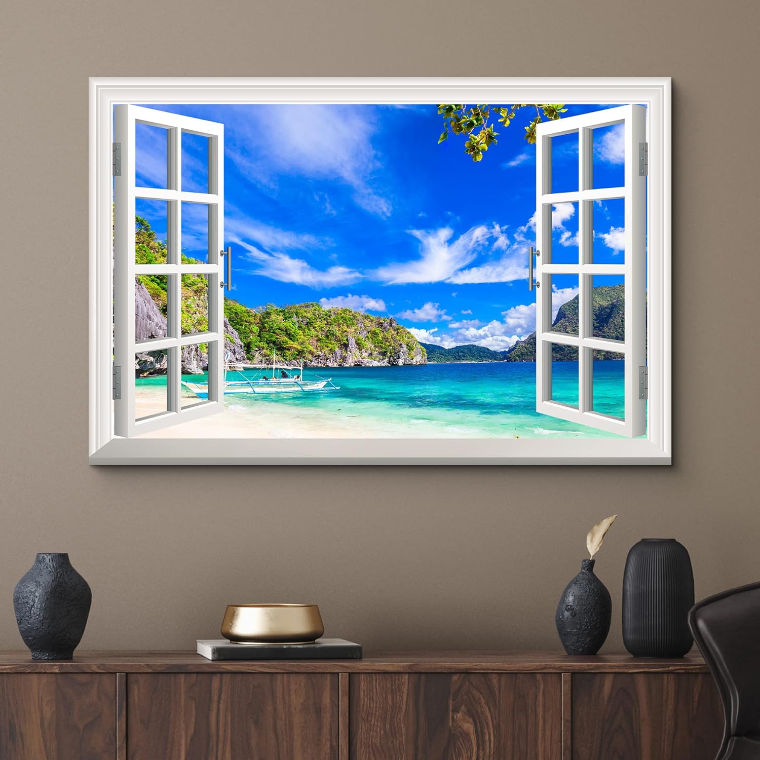 wall26 Lienzo impreso para pared, vista de ventana a barco y playa tropical, isla de naturaleza, desierto, fotografía, realismo, paisaje rústico,