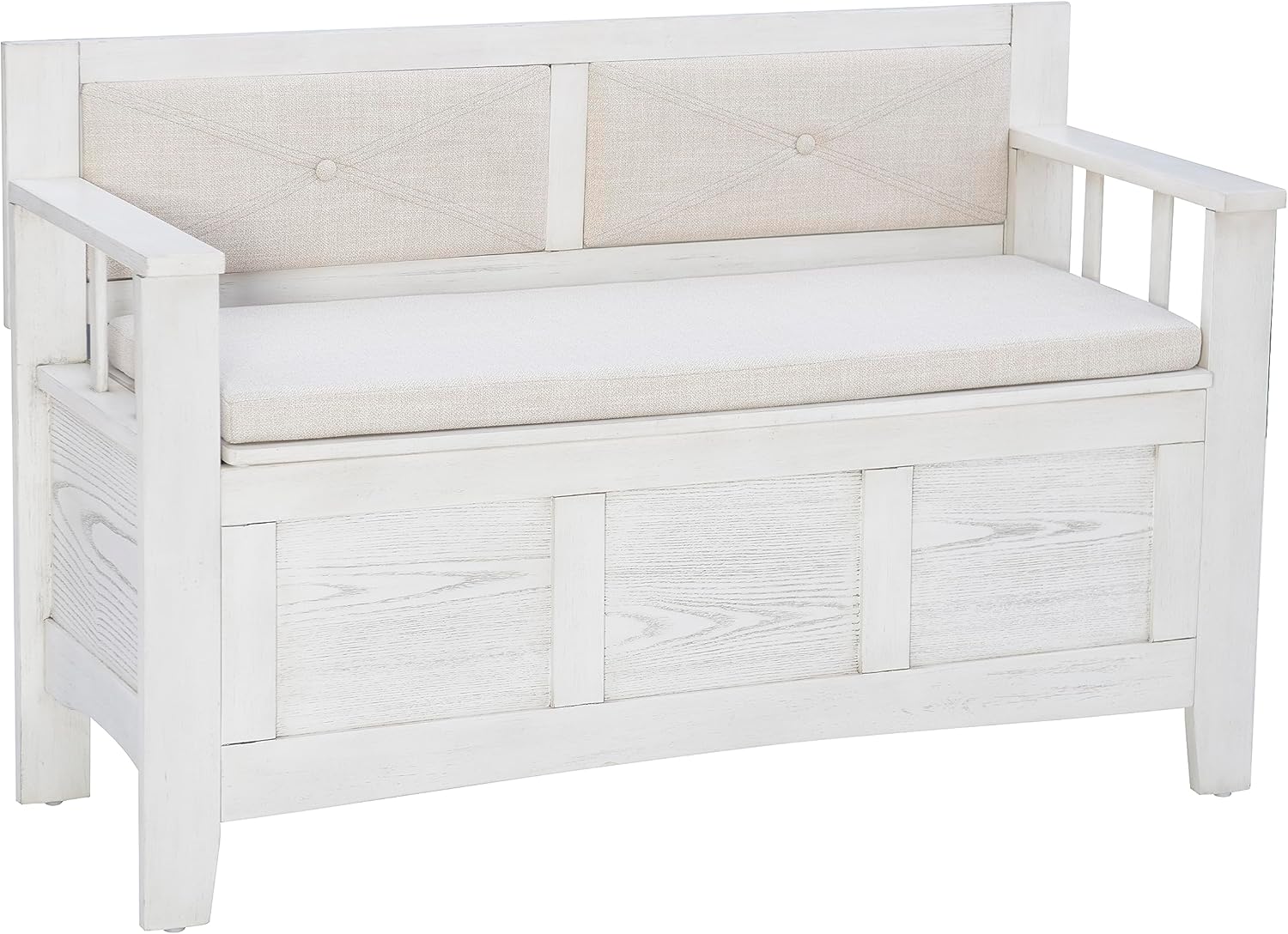 Linon Carlton – Banco de almacenamiento blanco con respaldo tapizado beige y asiento acolchado, gris ahumado