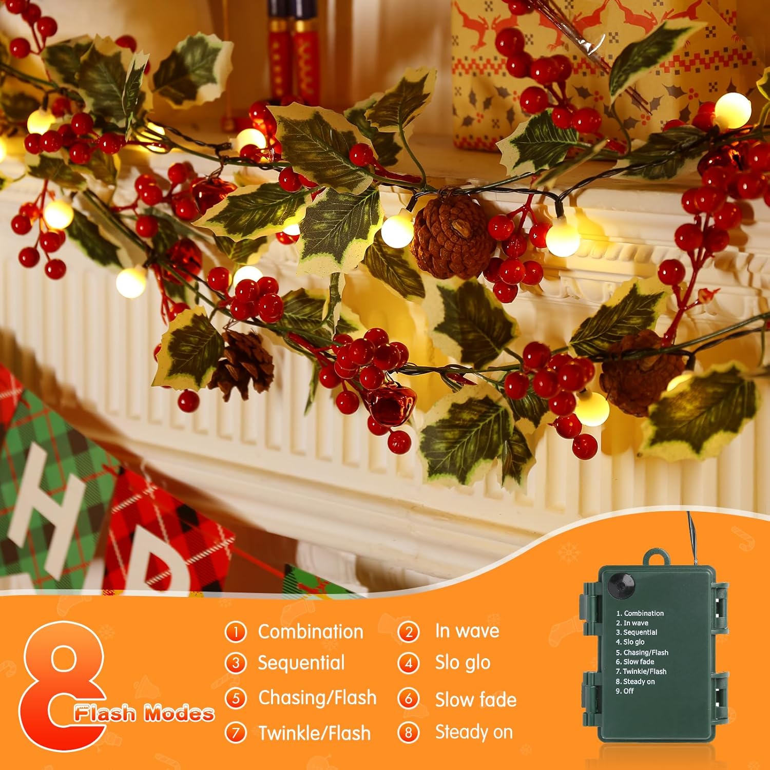 Marchpower Guirnalda de Navidad con luces, 5.7 pies, 20 luces LED, funciona con pilas, guirnalda iluminada de bayas rojas, decoraciones de Navidad