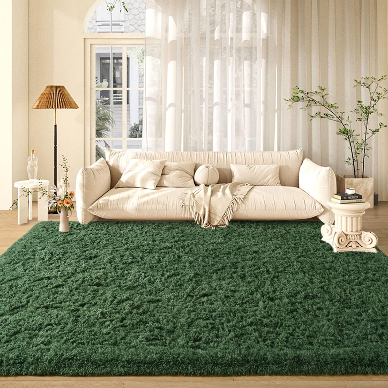Alfombras de área de color verde oscuro, alfombra mullida para dormitorio, sala de estar, alfombras peludas de interior de 5 x 8 pies, alfombra