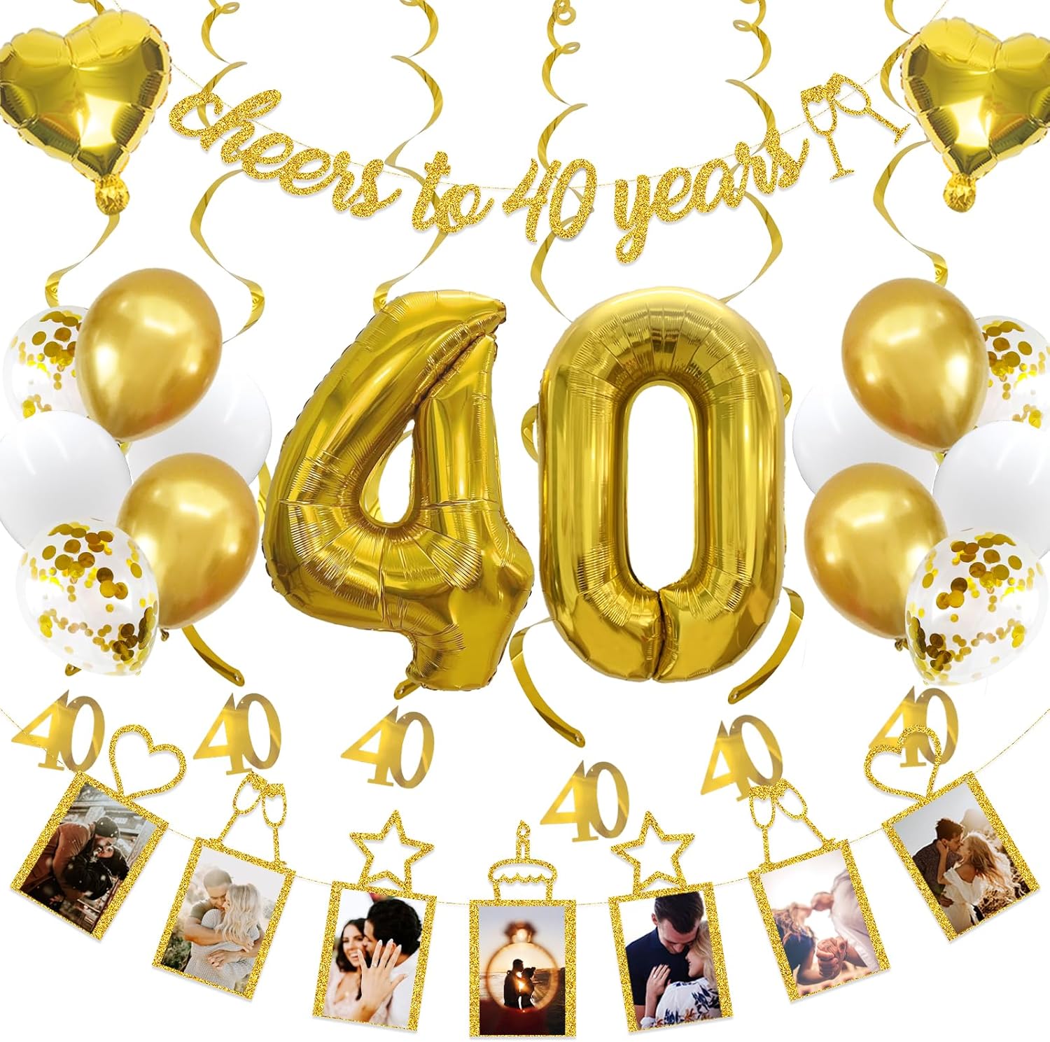 Decoraciones de 40 aniversario y cumpleaños, suministros para fiesta, conjunto de carteles fotográficos de saludos a 40 años y globos, remolinos