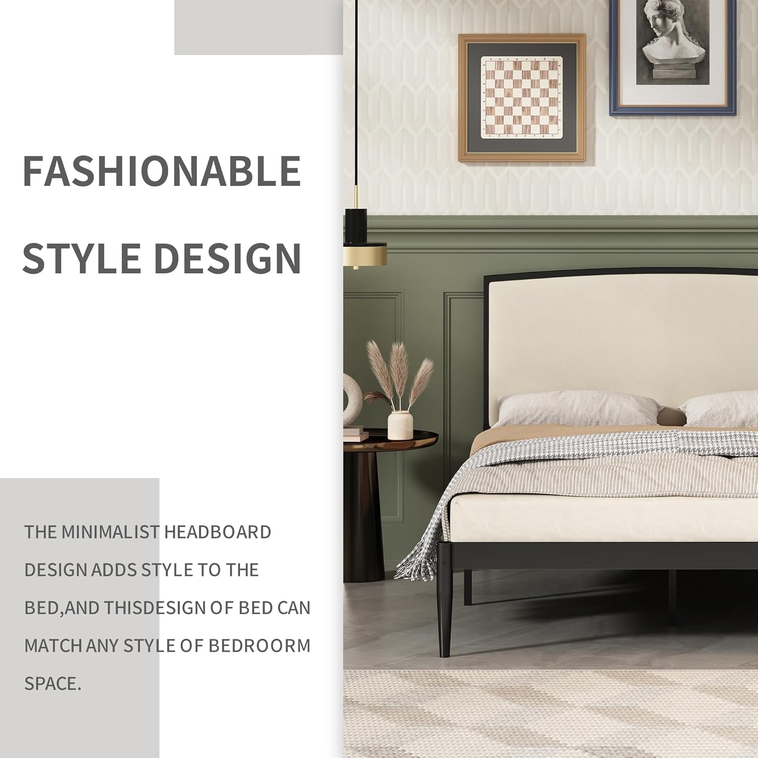 YUHUASHI Base de cama de metal con plataforma, diseño simple, cabecera curvada cubierta de lino, marco y pie de metal, fácil de montar y silencioso
