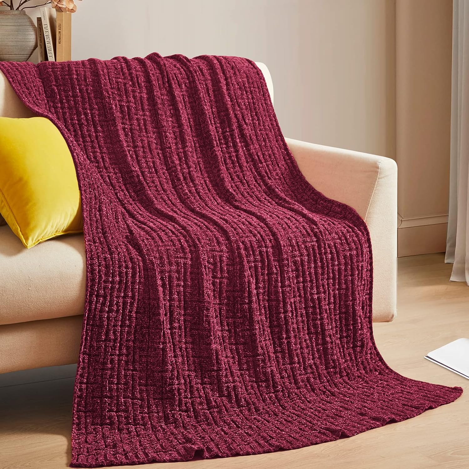 RUDONG M Manta de punto de felpilla color borgoña, acogedora y suave, cálida manta de punto de felpilla para todas las estaciones, manta texturizada