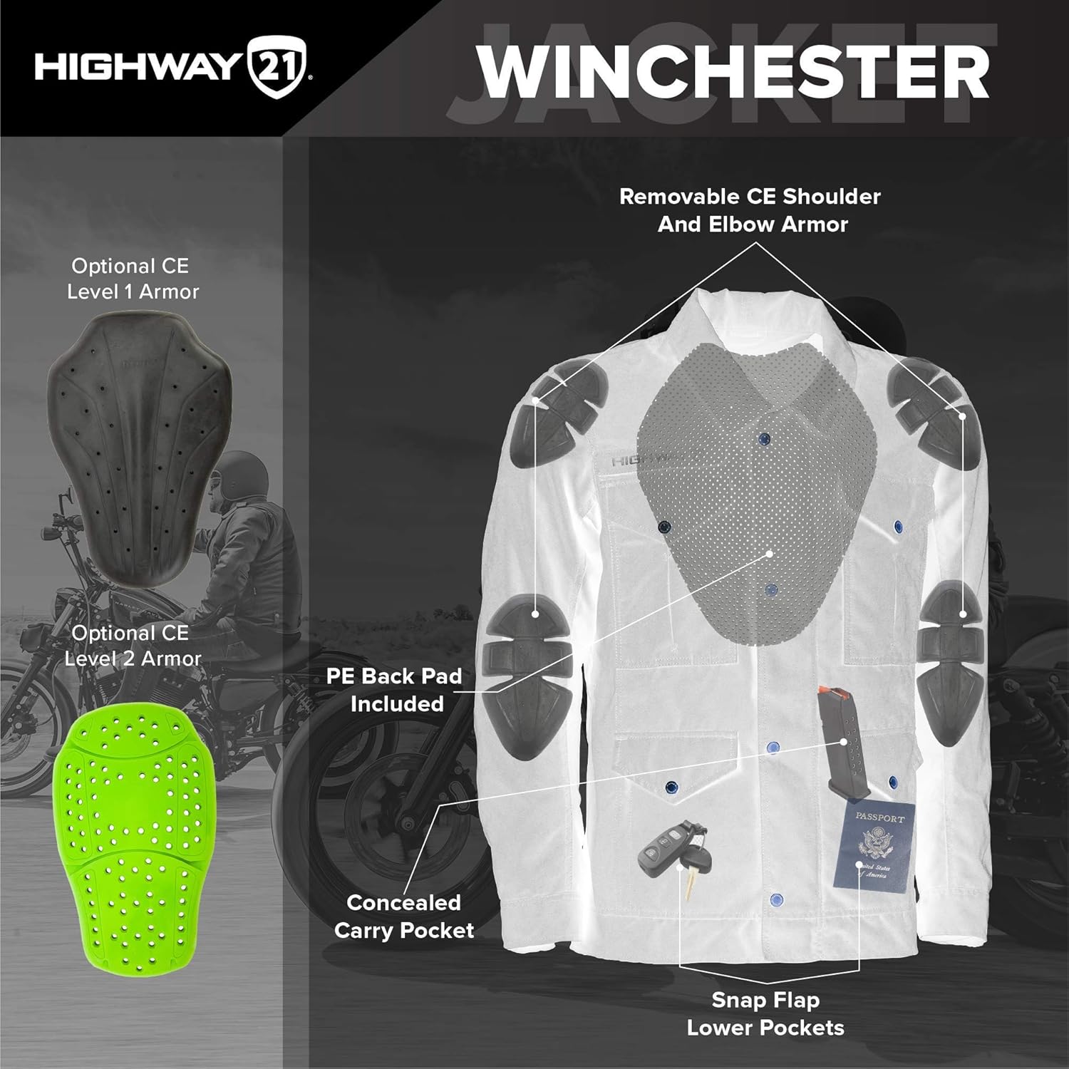 HIGHWAY 21 Winchester – Chaqueta para hombre, equipo de motocicleta de calle, ropa de equitación resistente, carcasa exterior de poliéster y nailon