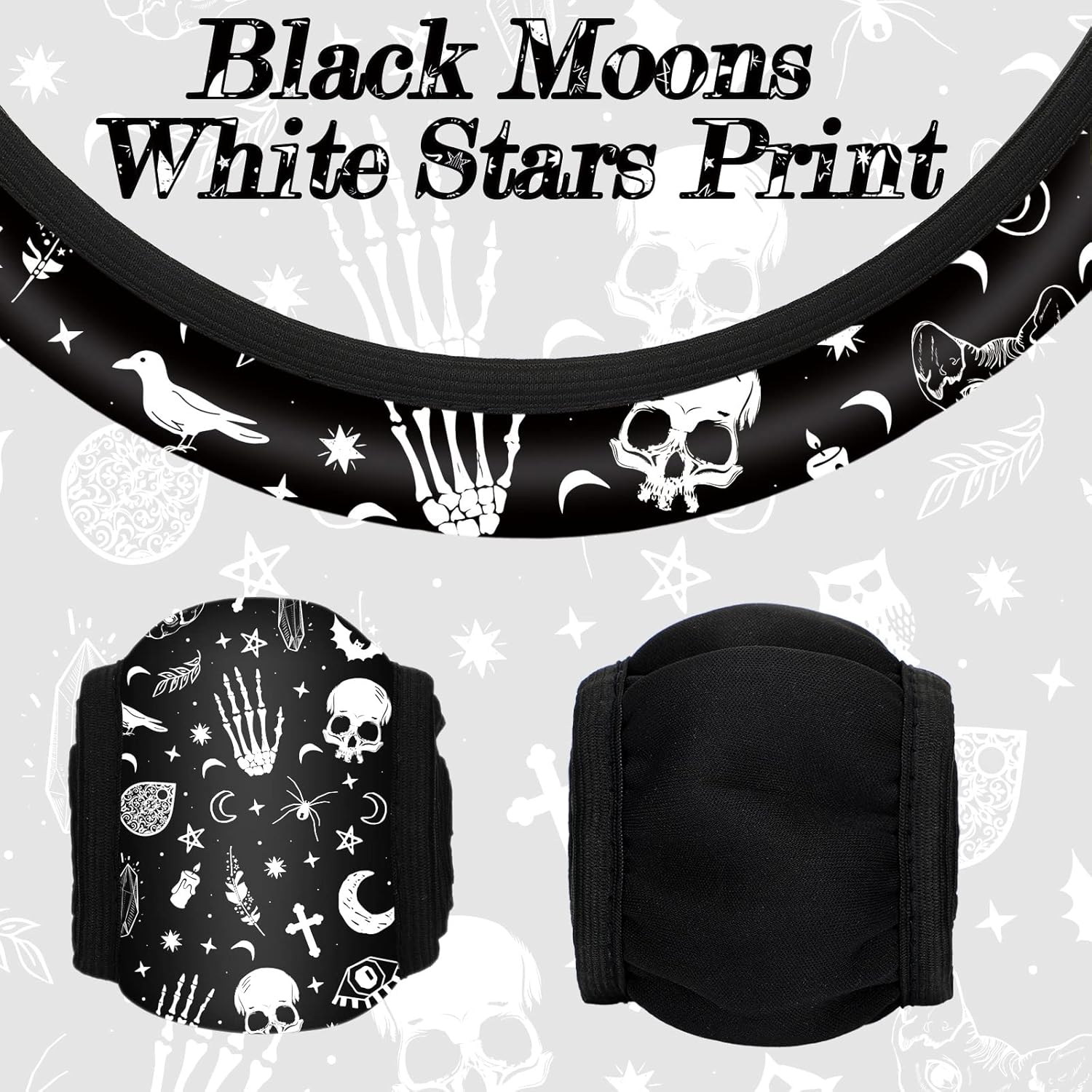 Juego de 4 accesorios para automóvil con estampado de lunas negras y estrellas blancas con 2 portavasos y llavero de cuero para camión SUV (patrón