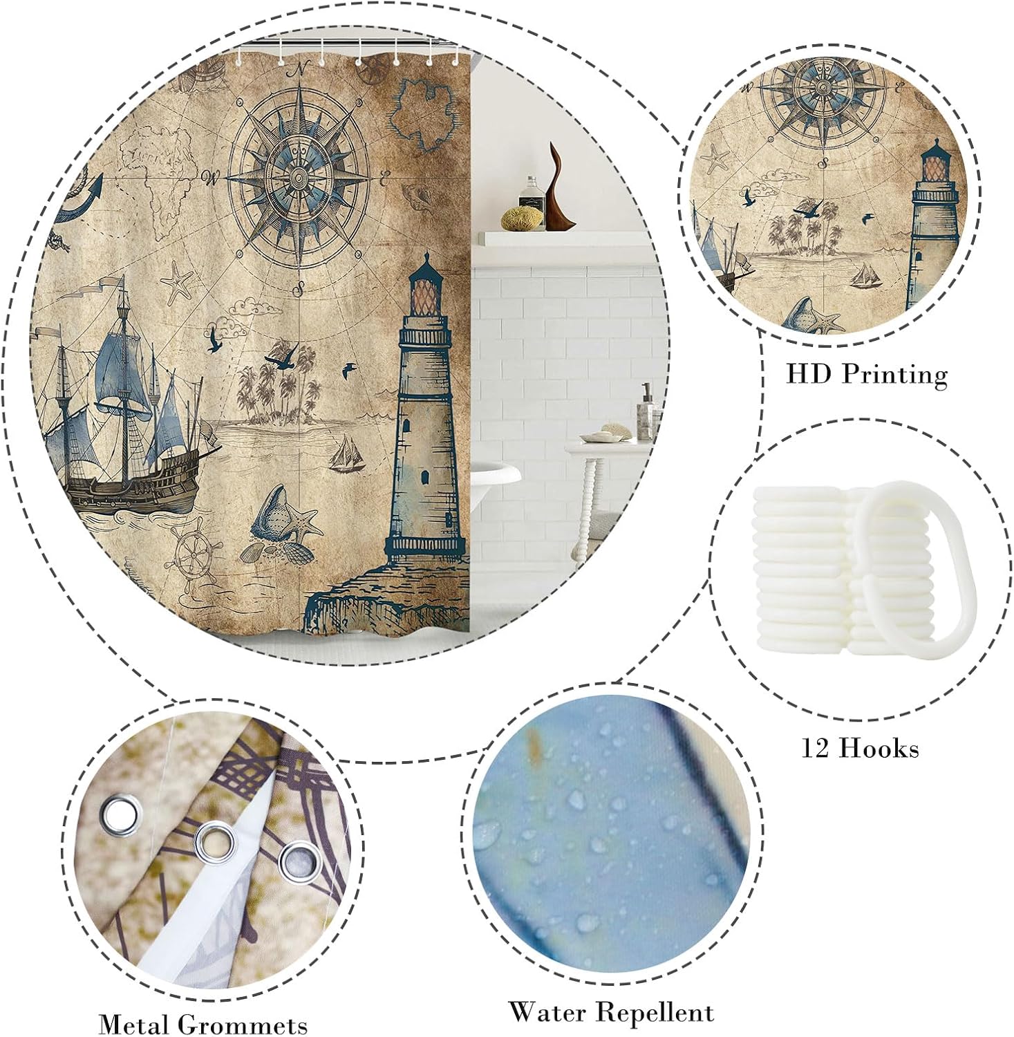 Cortina de ducha náutica con temática oceánica para baño, cortina de ducha de tela impermeable con 12 ganchos, decoración retro de mediados de siglo