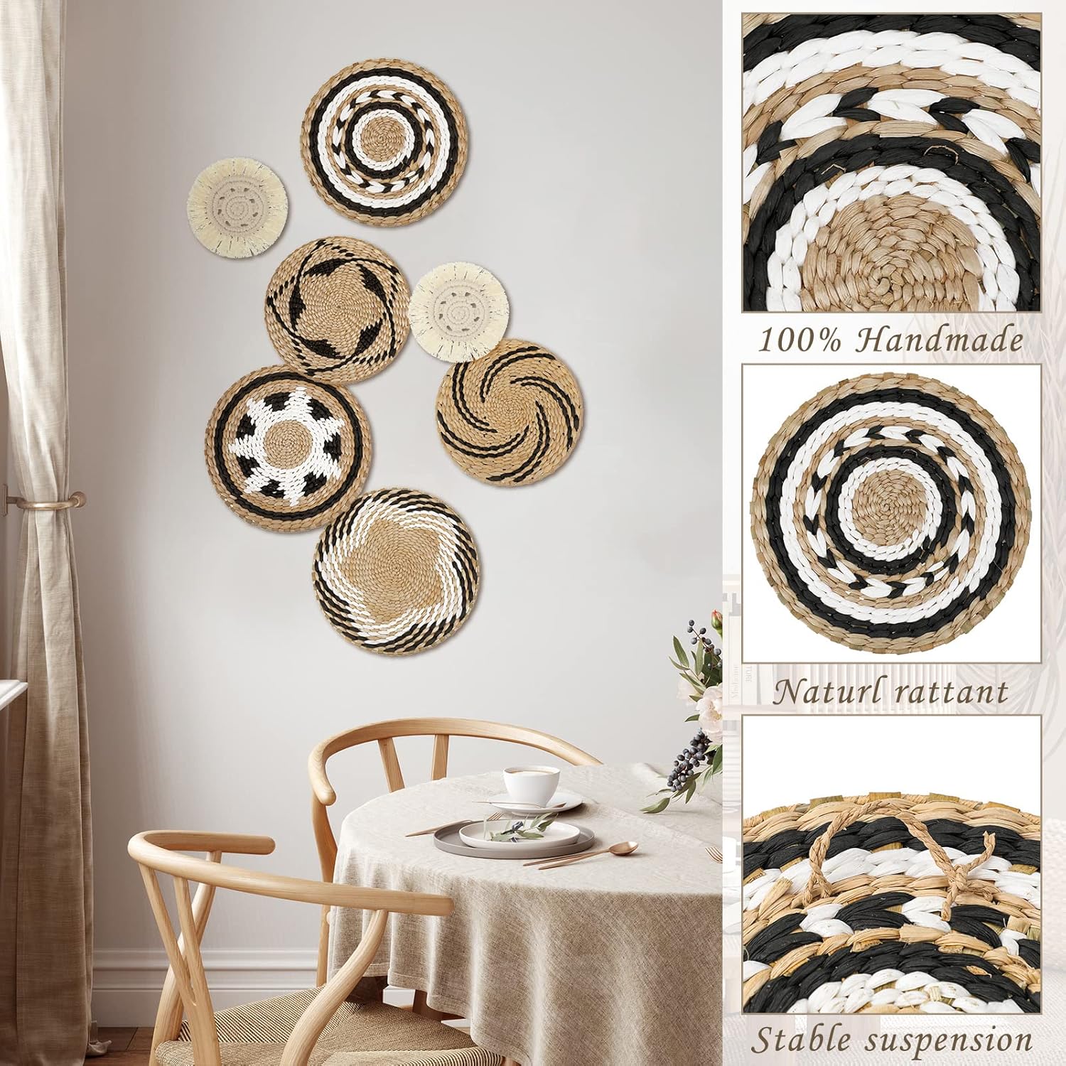 Glenmal Juego de 7 cestas de pared bohemias tejidas con diseño de junco, decoración de pared de ratán bohemio, decoración de pared rústica, hecha a