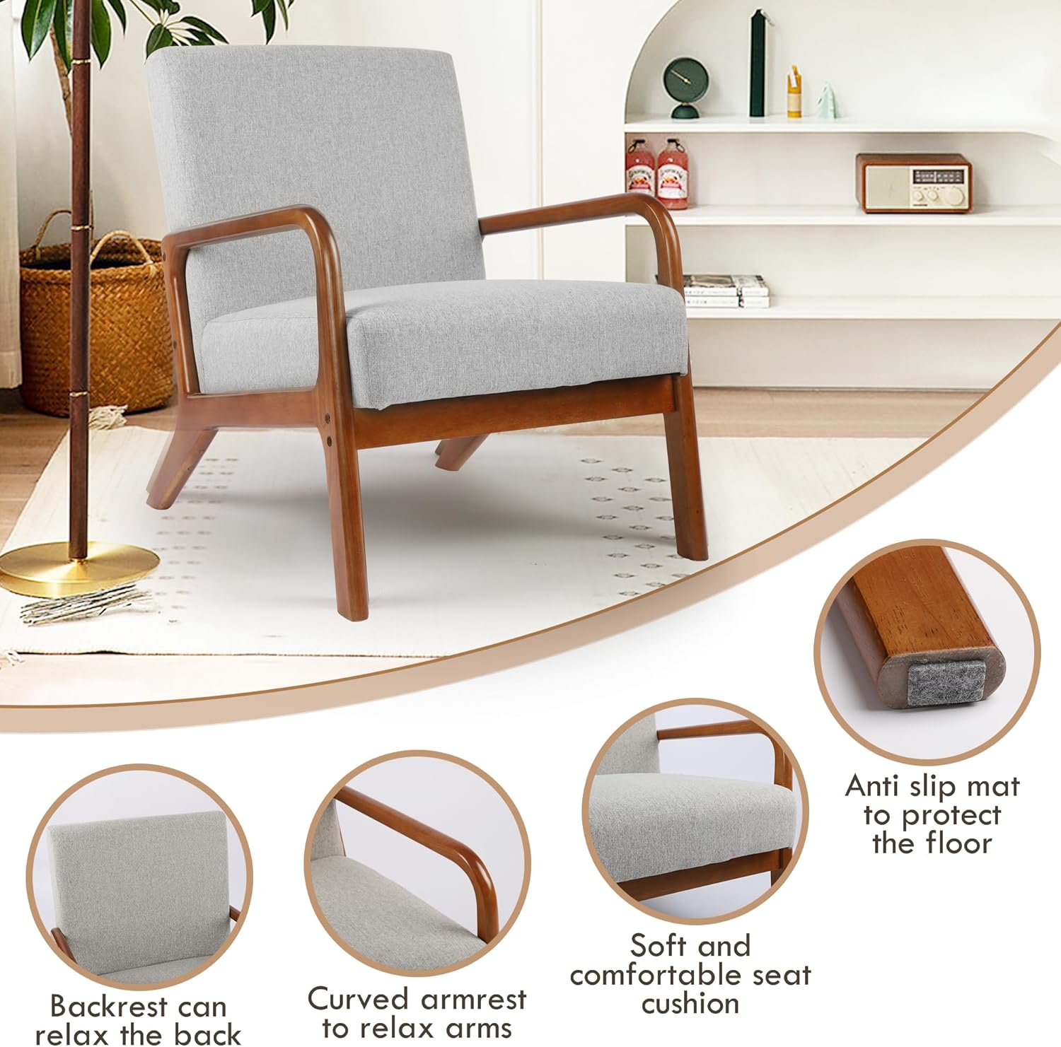 thksbought Sillas decorativas con sillas modernas de madera, sillas laterales de tela, sofá individual para sala de estar, dormitorio (2, gris claro)
