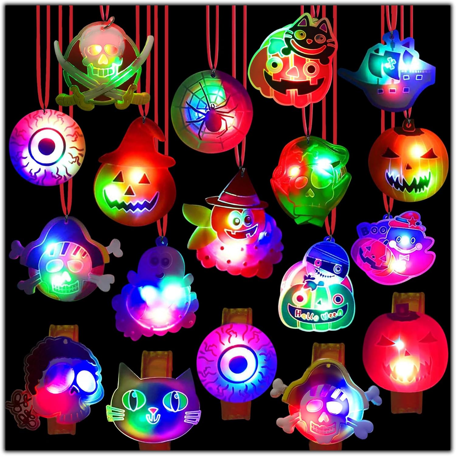 Luces de Halloween – 24 pulseras de collar LED de Halloween, calabaza, fantasma, pirata, araña, globo ocular, recuerdo de fiesta de Halloween,