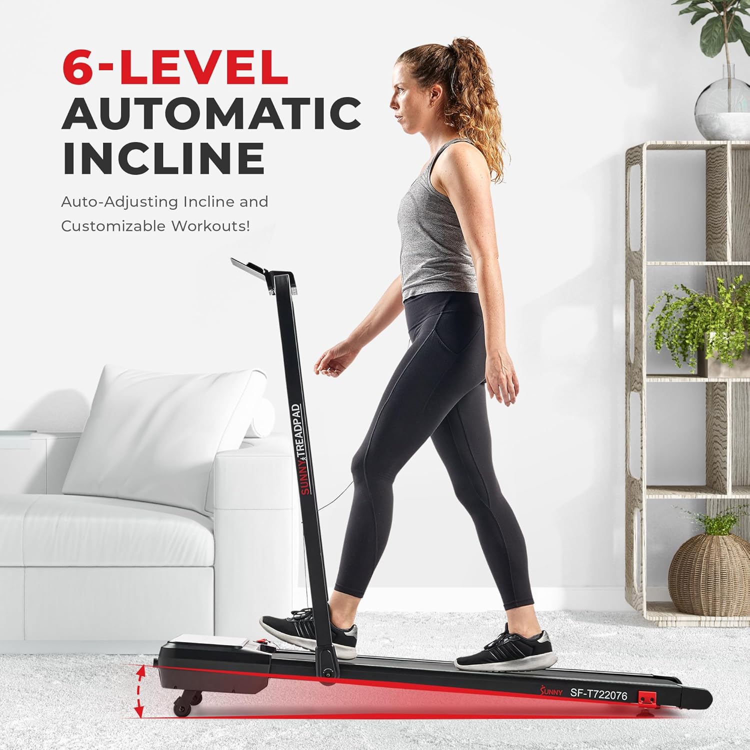 Sunny Health & Fitness Treadpad Pacer – Cinta de correr con doble modo de inclinación automática de 6 niveles y conectividad Bluetooth mejorada con
