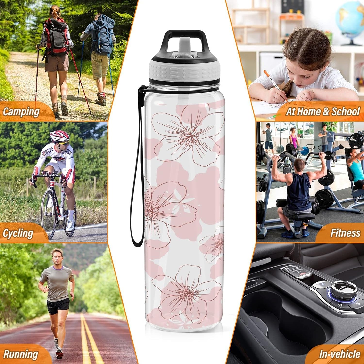 Burbuja Pink Flowers – Botella de agua de 32 onzas con tapa con popote, a prueba de fugas y sin BPA, botella de Tritan para gimnasio, fitness,