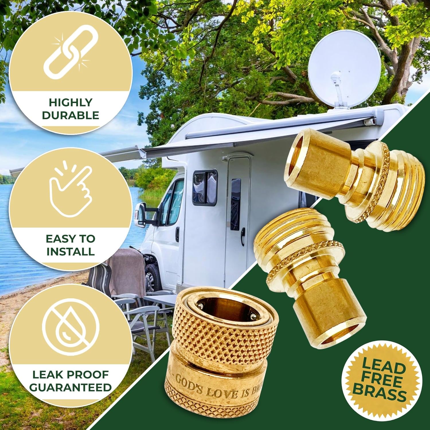 World’s Best – Juego de manguera de jardín de latón sin plomo de conexión rápida, 1 hembra y 2 accesorios macho para RV y uso doméstico