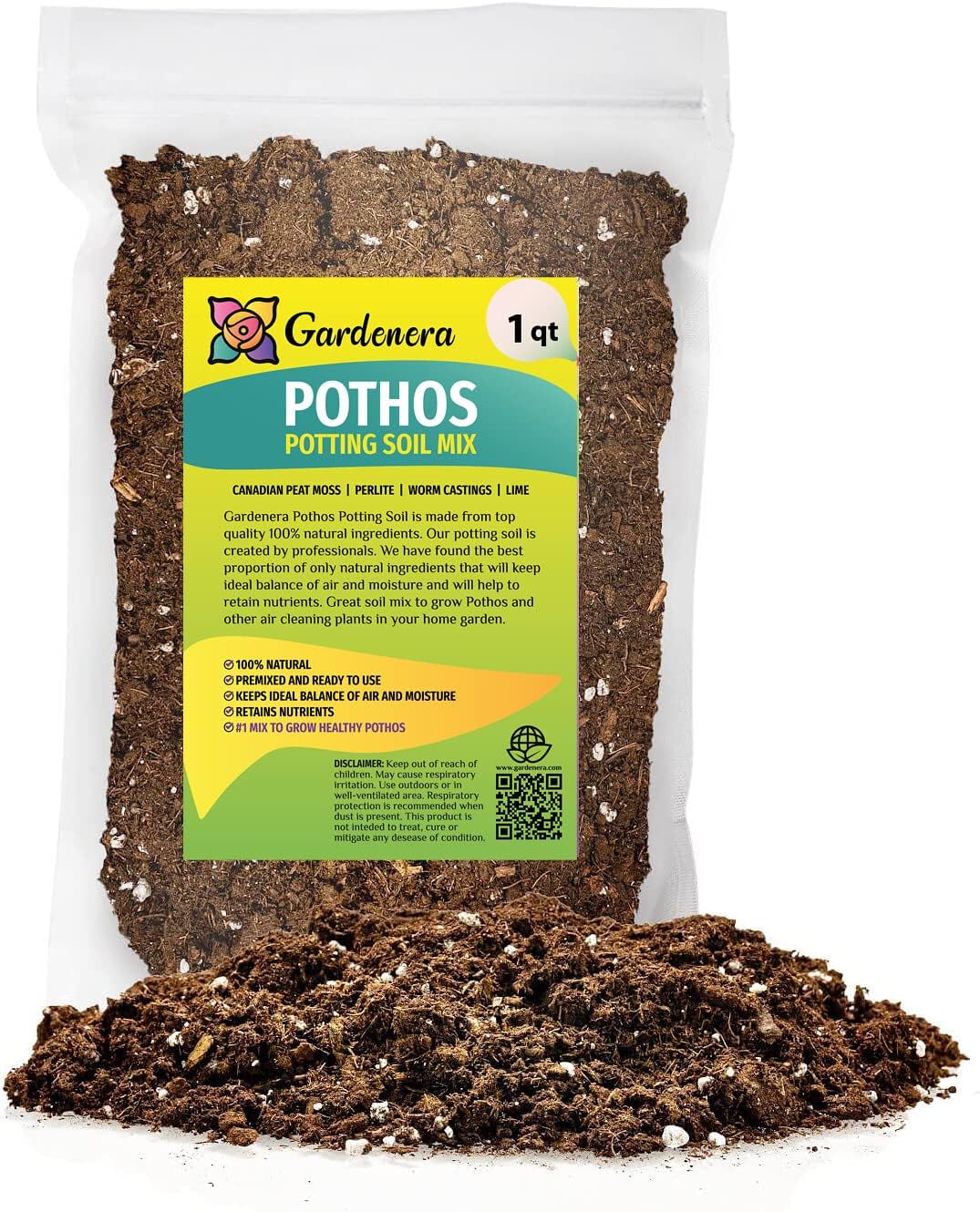 GARDENERA Mezcla para macetas purificadora de aire, 1 cuarto de galón, tierra para macetas para potos, palmeras de salón y lirio de la paz, hecha