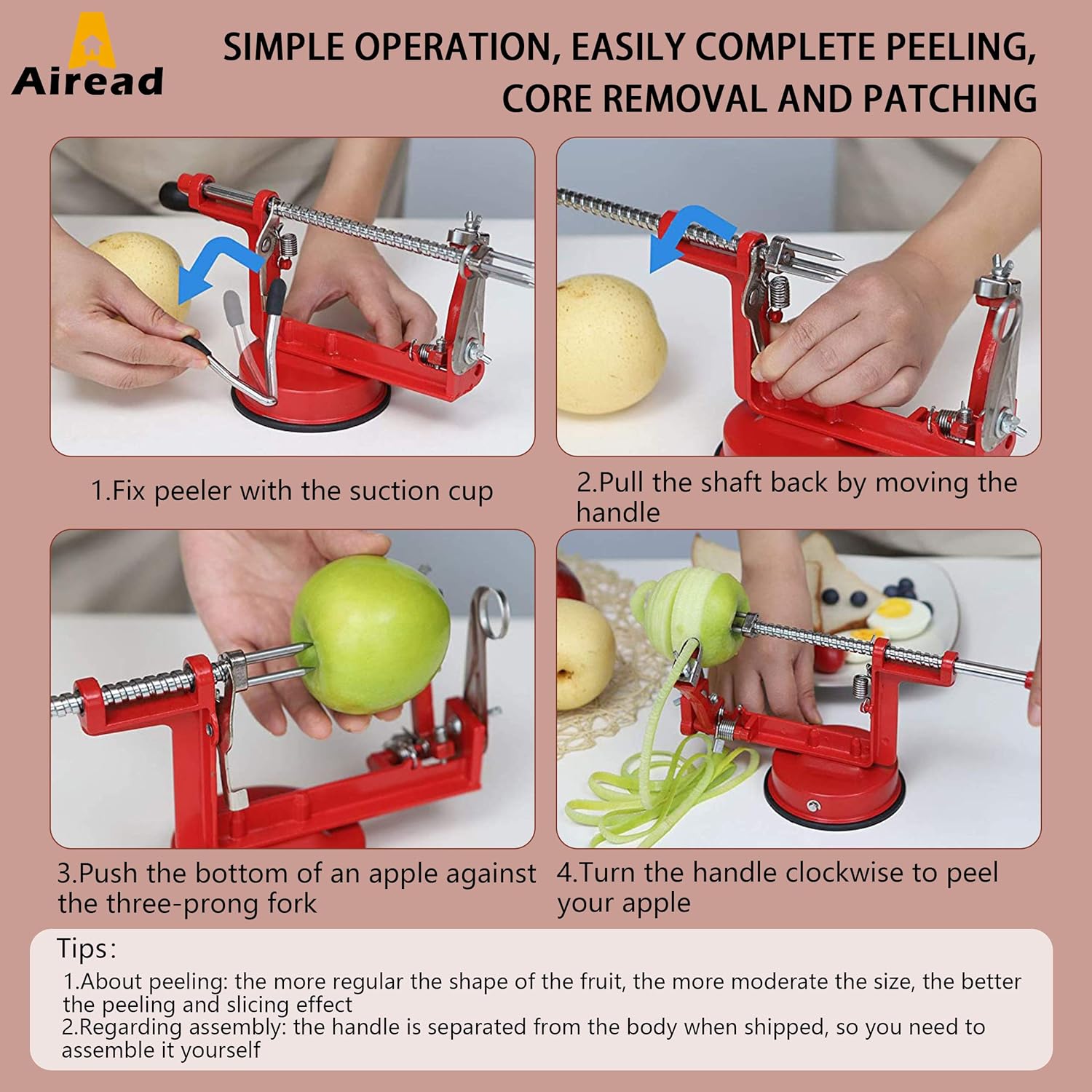Pelador de manzana, cuchillas de acero inoxidable, pelador de patatas y peras, duradero y resistente, herramienta de cocina mecánica de arranque