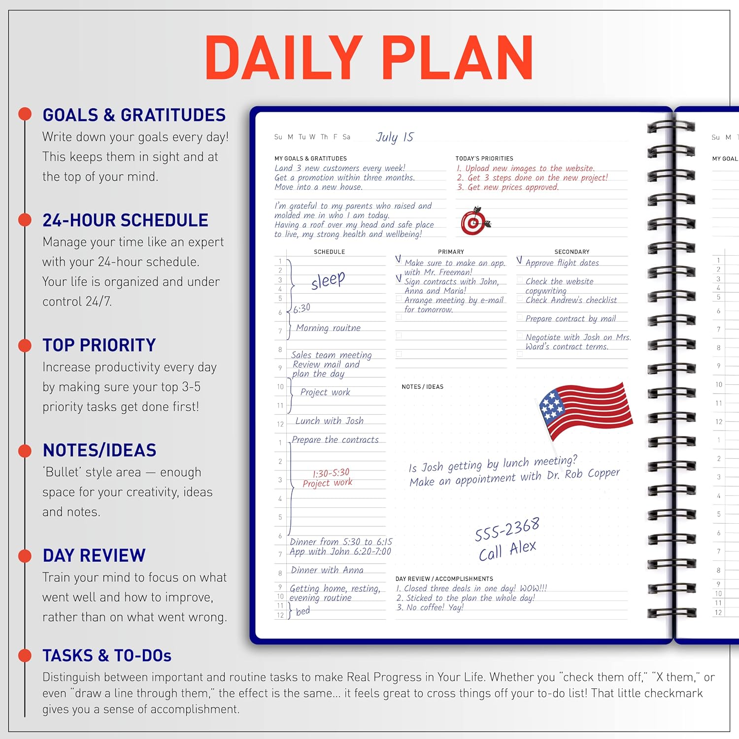 Agenda diaria  Agenda profesional de objetivos, calendario y diario de gratitud para aumentar la productividad, gestión del tiempo y felicidad