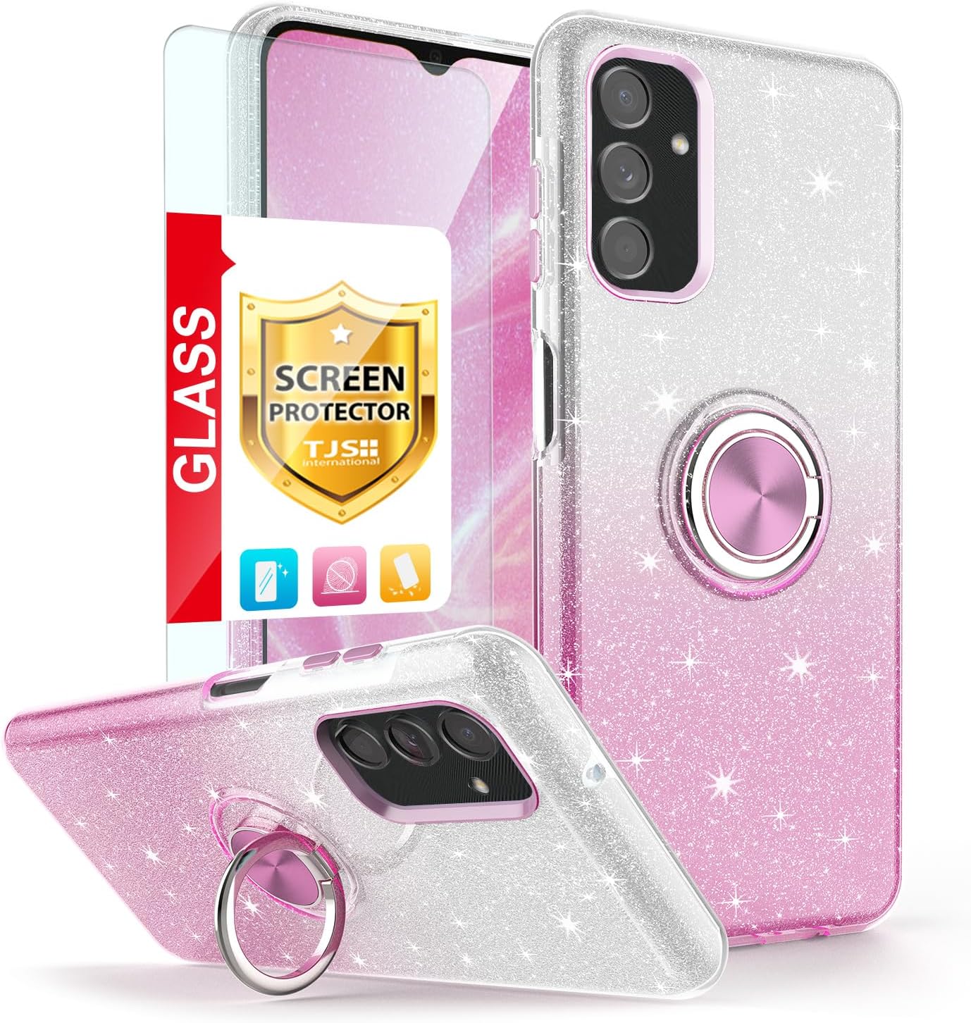 TJS Funda compatible con Samsung Galaxy A14 5G, con protector de pantalla de vidrio templado, anillo de metal, soporte magnético, tono brillante,