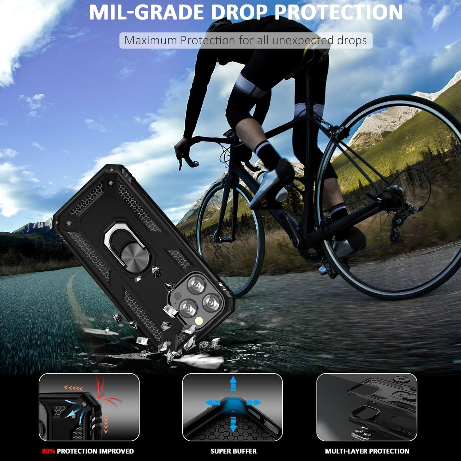 ADDIT Funda para iPhone 13 Pro Max, funda protectora de grado militar para iPhone 13 Pro Max con anillo de soporte de coche para iPhone 13 Pro Max