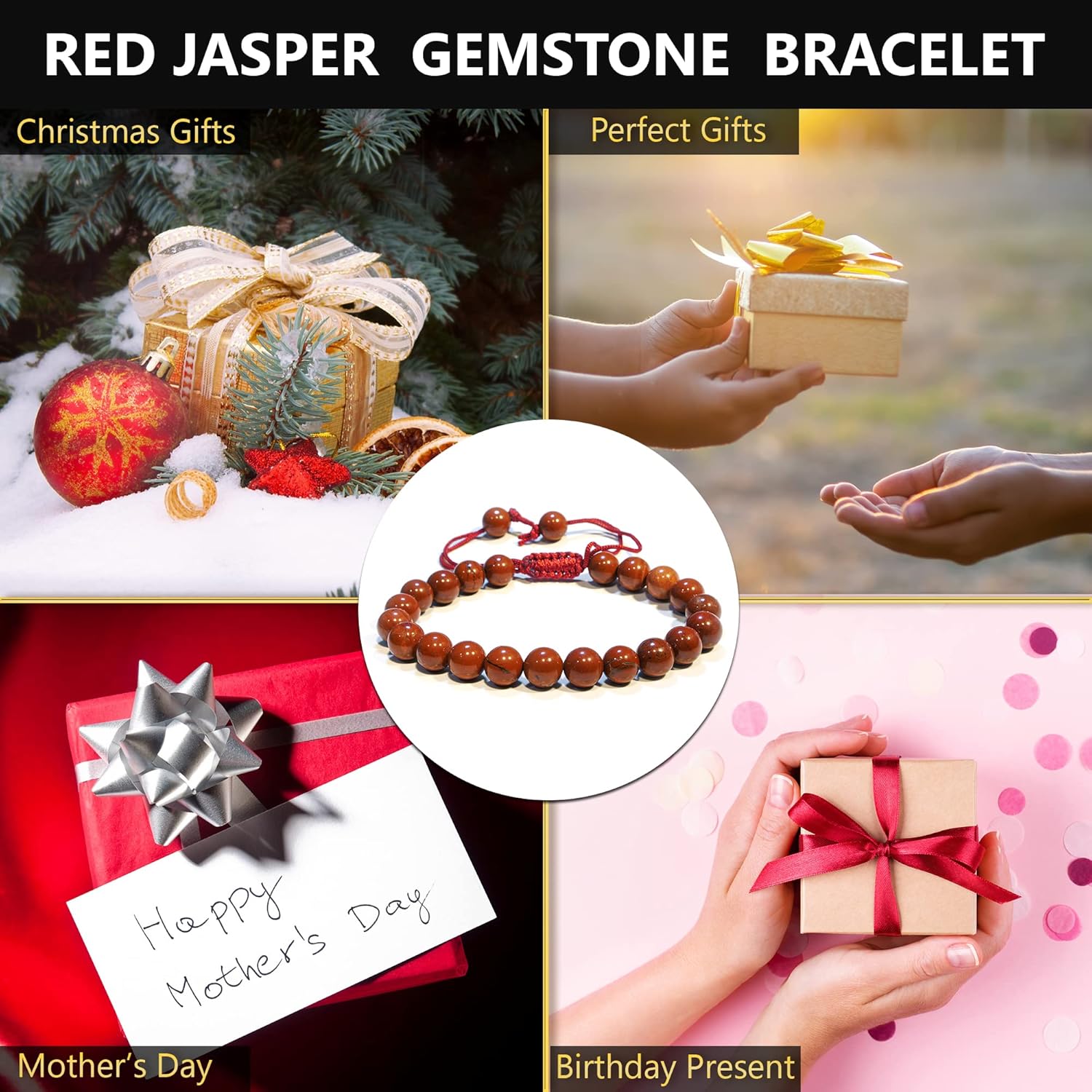 Red Jasper Crystal Bracelet  Gemstone Bead Bracelet with Adjustable Macrame String  Chic Gemstone Bracelet for Men and Women  8mm Round Healing