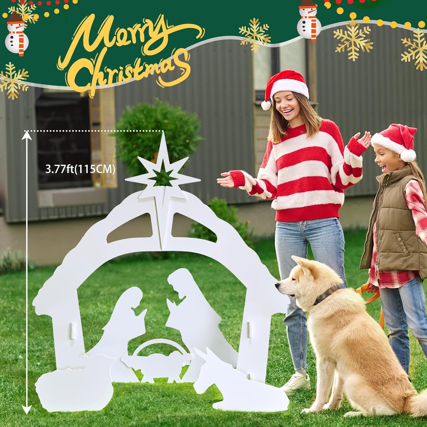 Belén para exteriores  Grandes juegos de Belén de Navidad 3D con focos, decoración de 3.8 pies, decoración de la familia sagrada de 45 pulgadas para
