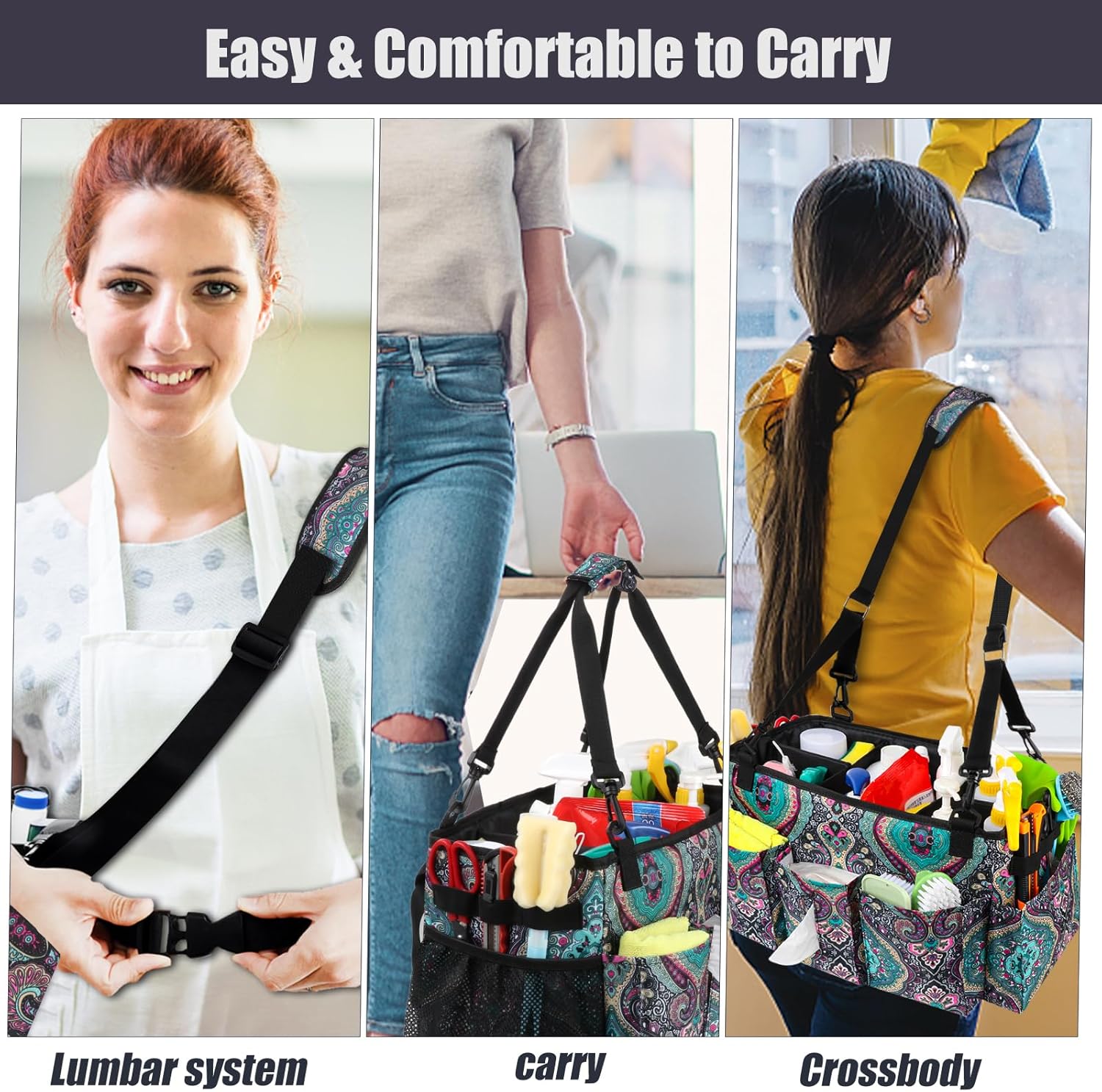 Bolsa grande de limpieza portátil, organizador de limpieza con asa  Correa de hombro y cintura, organizador de suministros de limpieza con divisores