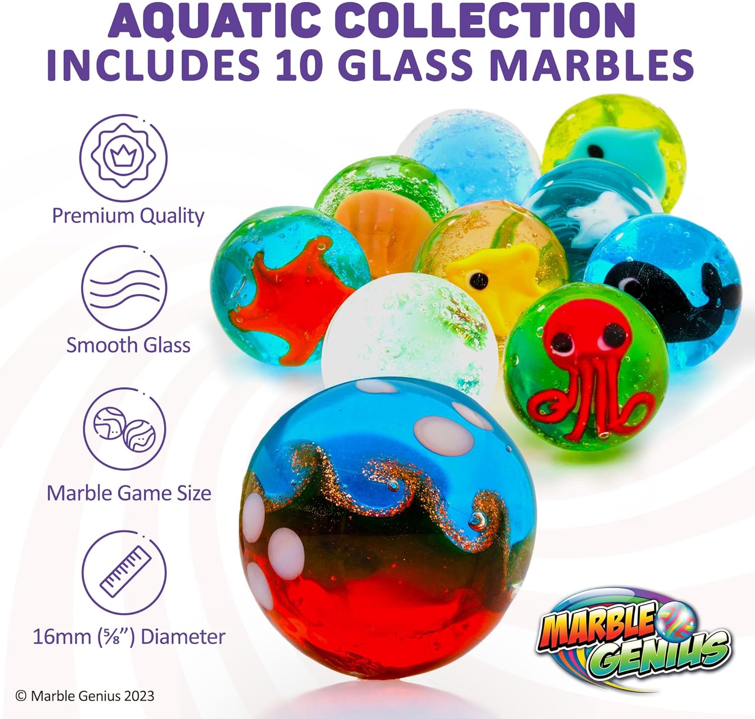 Marble Genius Canicas para coleccionistas, acuáticas, 0.630 in, 10 canicas de vidrio hechas a mano para amantes de los animales, rellenos de