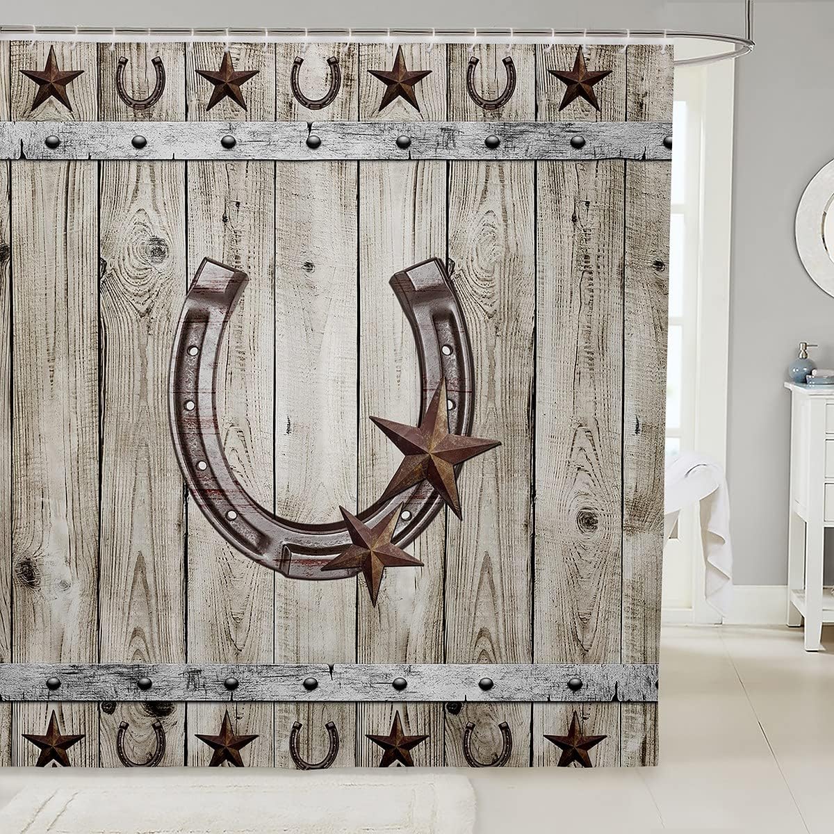 Western Texas – Cortina de baño de 72 pulgadas de ancho x 72 pulgadas de largo, cortina de ducha rústica con estrellas de granja de herradura,