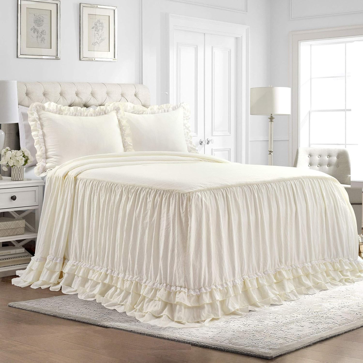 Lush Décor – Juego de Cubrecama con falda de volantes para cama sencilla, estilo Shabby Chic, juego de 2 piezas, Poliéster, Ivory, King