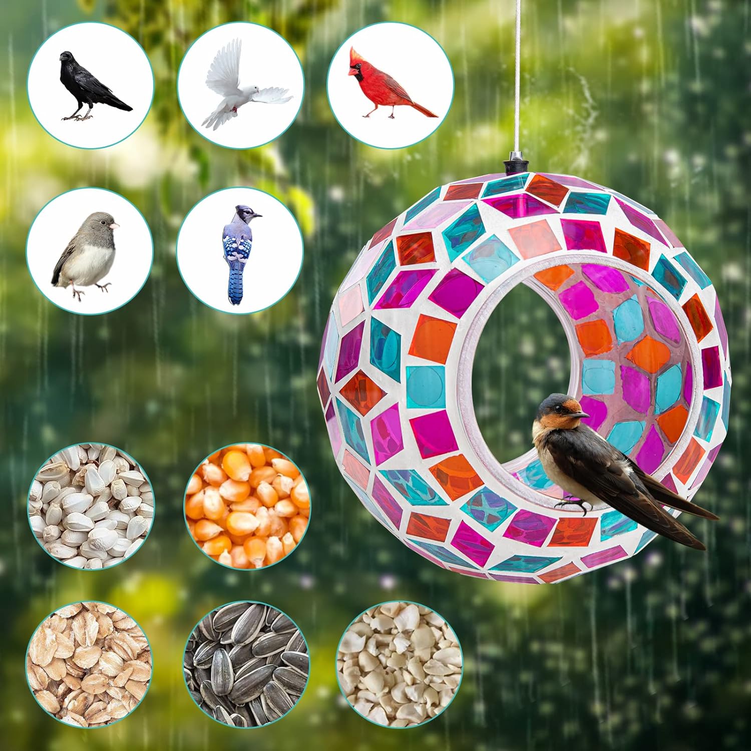 Comederos de vidrio para pájaros en el exterior, alimentador de pájaros de mosaico colgante, forma redonda volar a través del contenedor alimentador