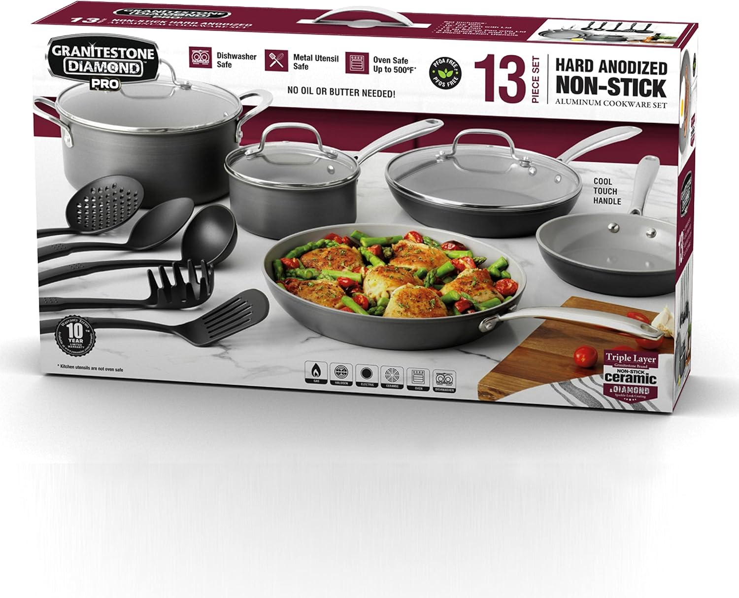 Granitestone Pro – Juego de ollas y sartenes de 8 piezas anodizadas duras de primera calidad  + juego de utensilios de cocina de 5 piezas  con