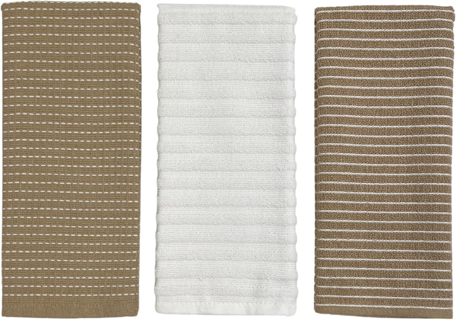 Toallas de cocina blancas de gran tamaño 100% algodón, suave, absorbente, surtido de rizo acanalado, juego de 4 multiusos para uso diario (beige