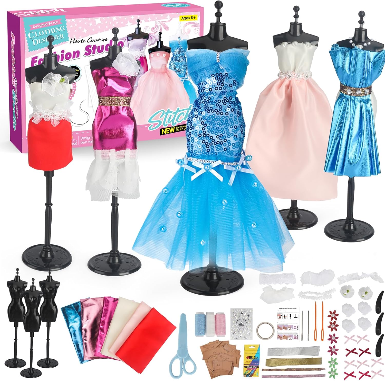 Kits de diseño de moda para niñas, kit de costura de arte creativo para niños, 3 soportes de maniquí, juguetes STEM para niñas de 8 a 12 años,