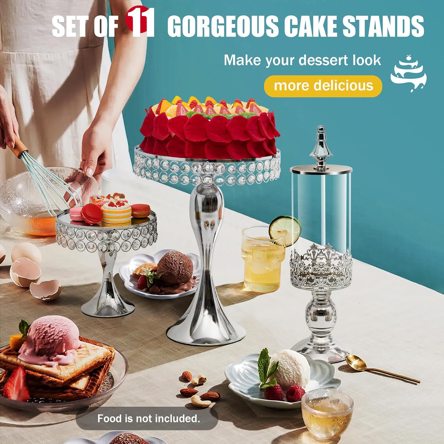 Juego de soportes para pasteles, soporte de cristal plateado para cupcakes, soporte para galletas, plato de exhibición de frutas y postres, para