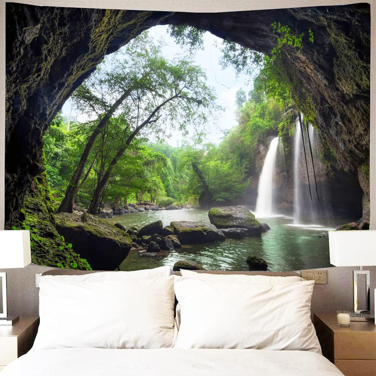Showutheworld Tapiz verde de paisaje natural, tapiz de selva tropical, tapices de cascada, río, puente de madera, tapiz colgante de pared para sala