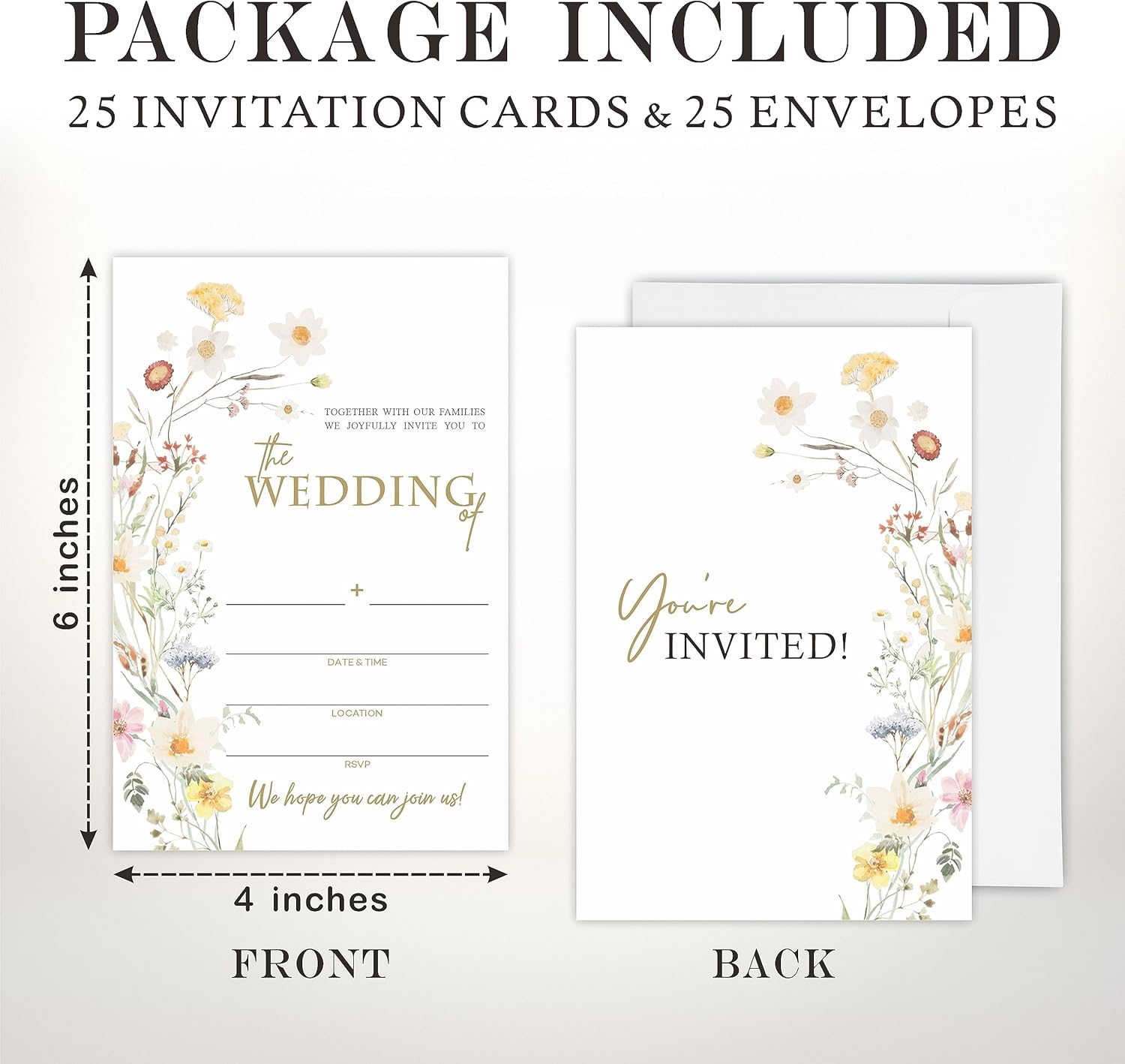 Invitaciones de boda florales, 25 invitaciones de boda de flores silvestres bohemias con sobres, invitaciones de estilo de relleno de doble cara