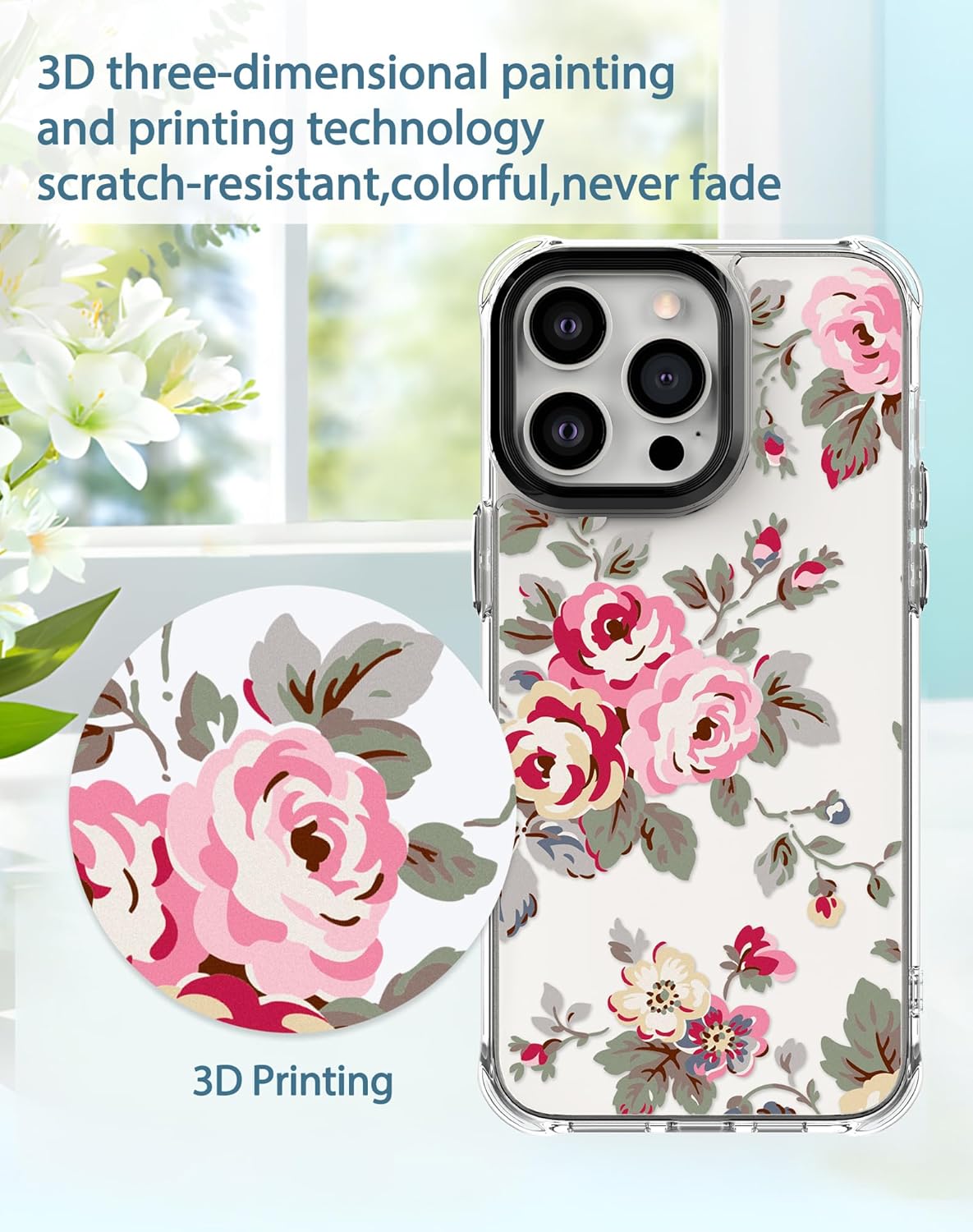 Feitenn Funda para iPhone 15 Pro Max, policarbonato transparente + TPU suave a prueba de golpes, diseño de flores Beatuy Design Case con protector