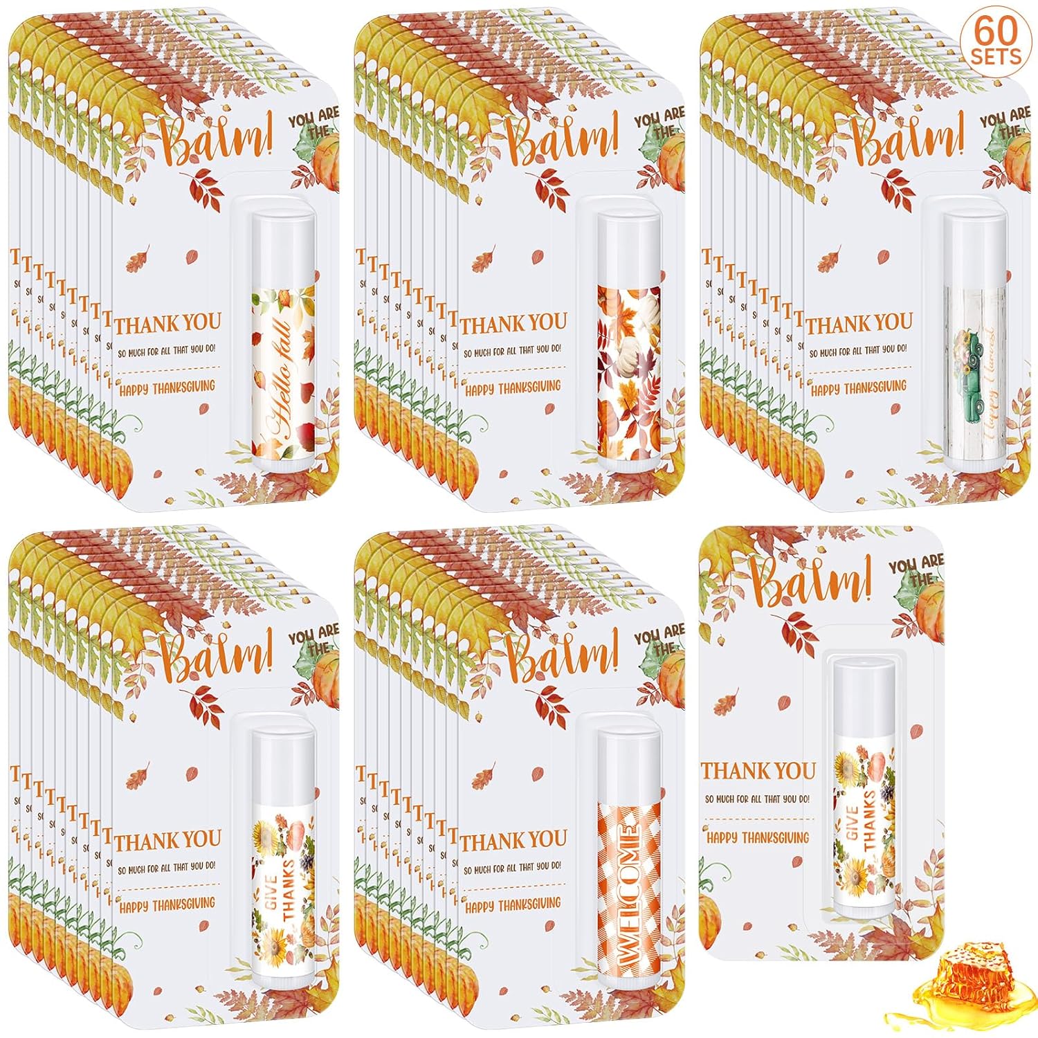 Sacubee 60 unidades de regalos de Acción de Gracias, bálsamos labiales a granel, recuerdos de fiesta, miel, cuidado de labios, 5 estilos,
