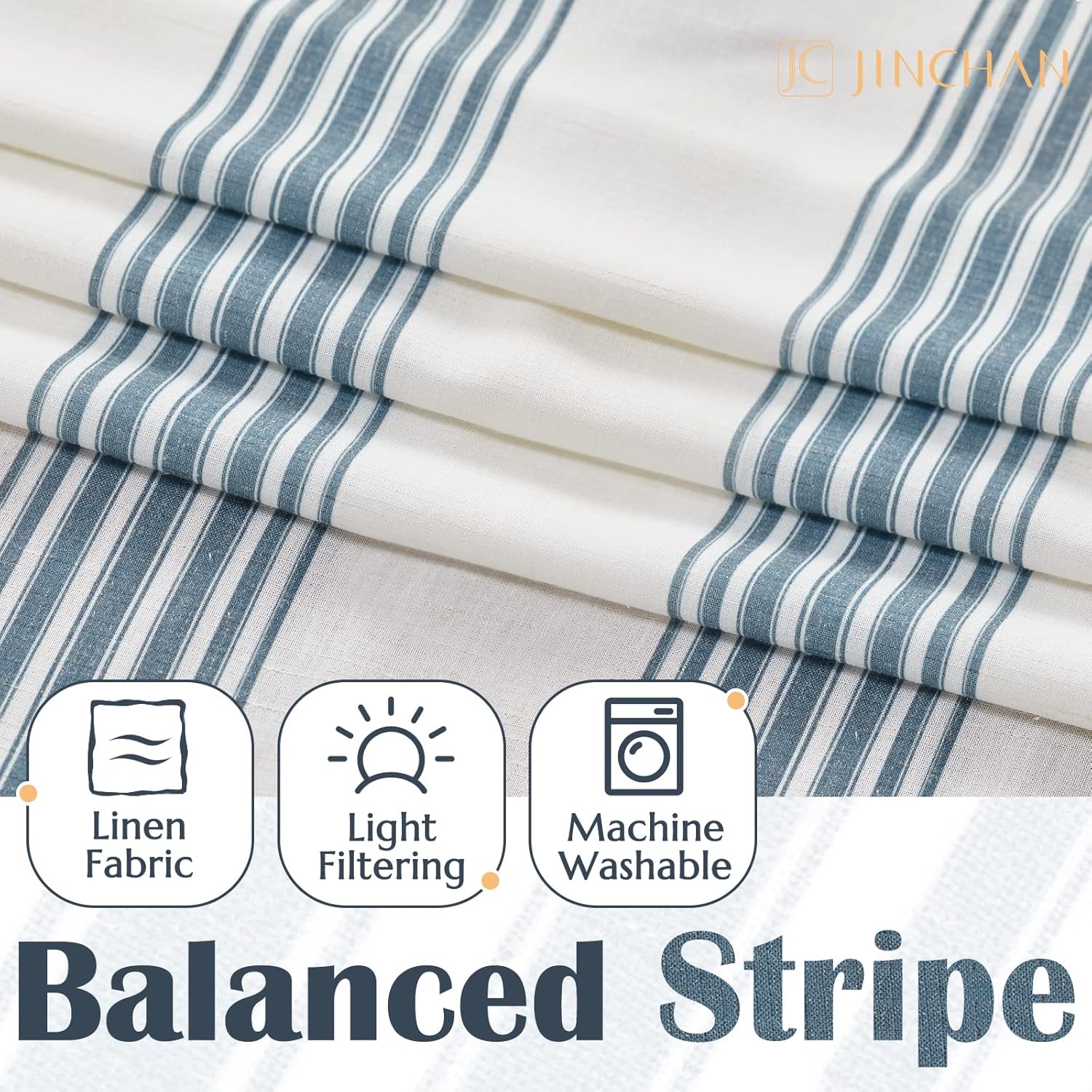 jinchan Cortinas de lino a rayas de 63 pulgadas de largo para sala de estar, cortinas semitransparentes con pestaña trasera, filtrante de luz,