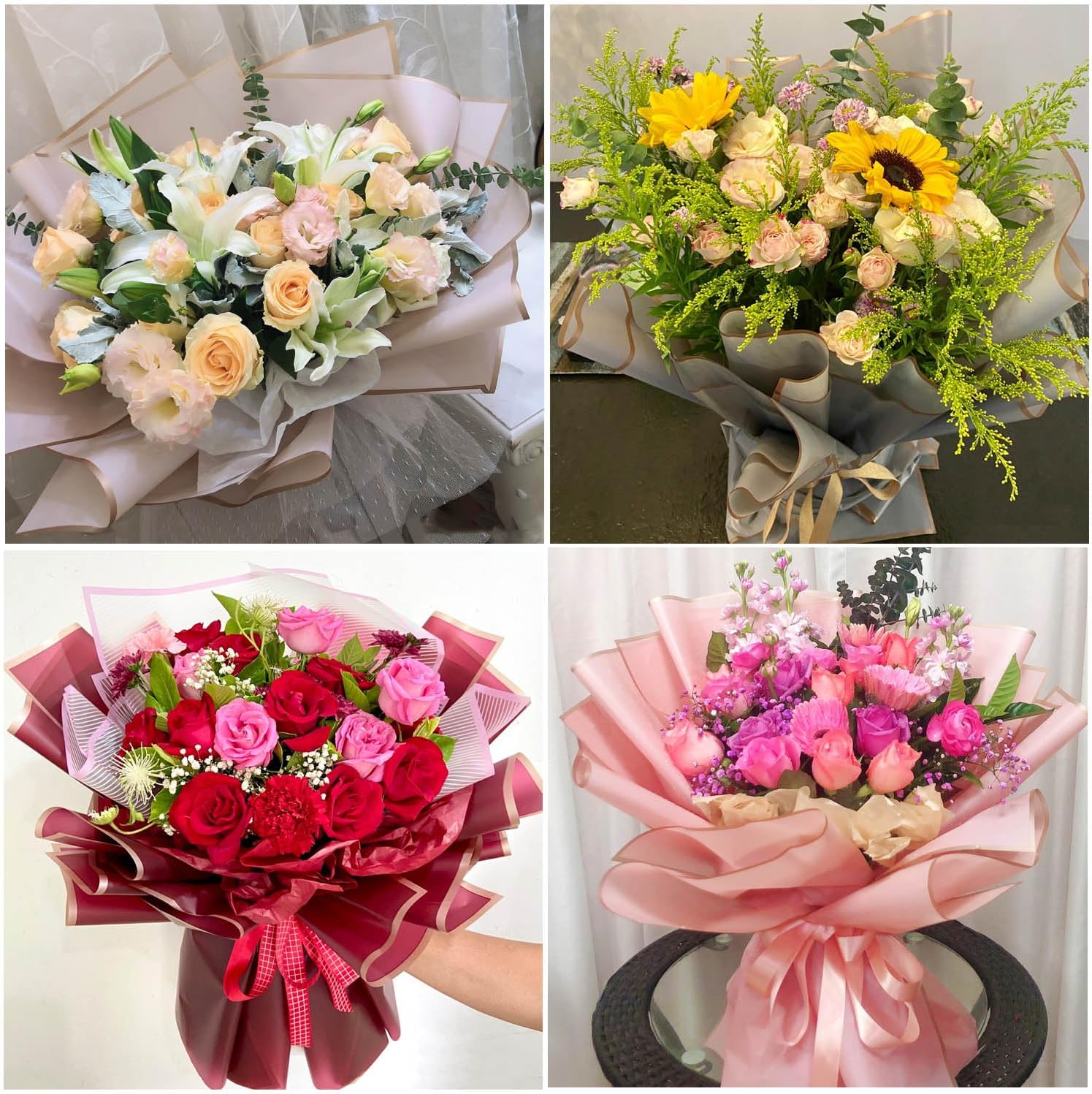eageus 20 hojas de papel de regalo floral, papel de embalaje de ramo de flores impermeable con borde dorado de doble cara, suministros de embalaje
