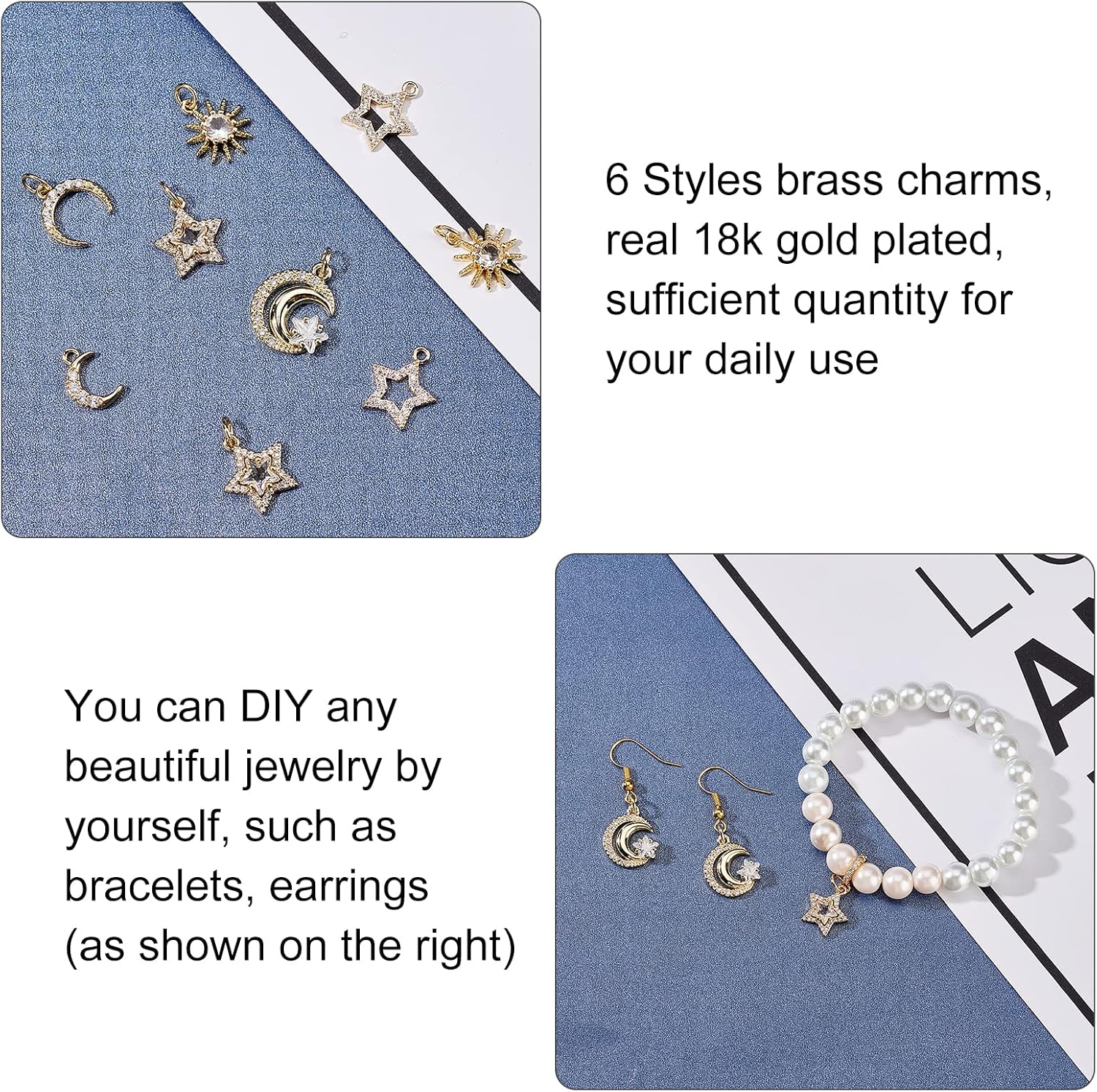 SUPERFINDINGS 12 dijes de latón con circonitas cúbicas de latón y luna, estrella y diamantes de imitación, dijes colgantes de cristal celestial para