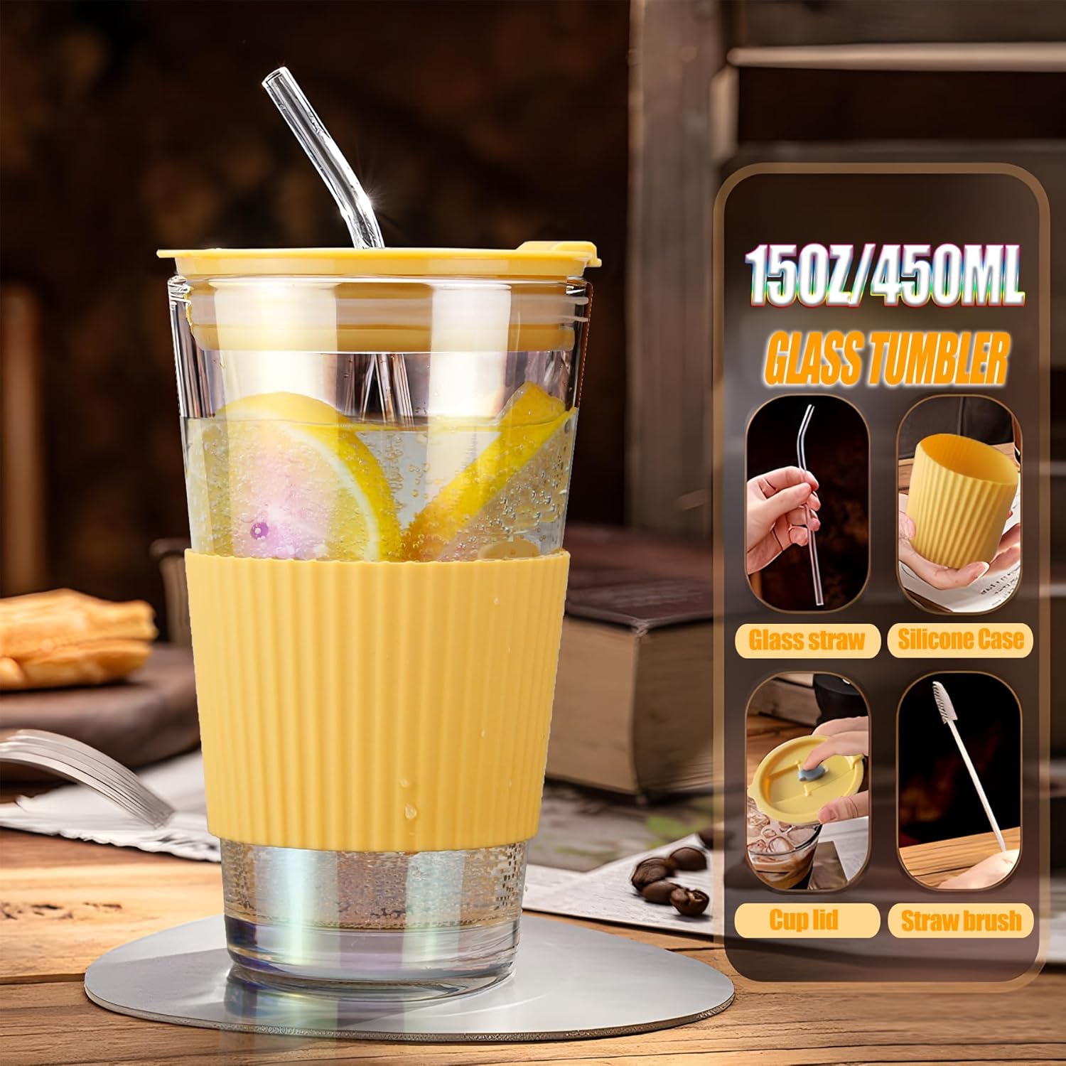 KOPWVA Vaso de vidrio de 15 onzas con popote y tapa de vidrio, taza de café helado Aurora de 15.2 fl oz con funda protectora de silicona, cabe en