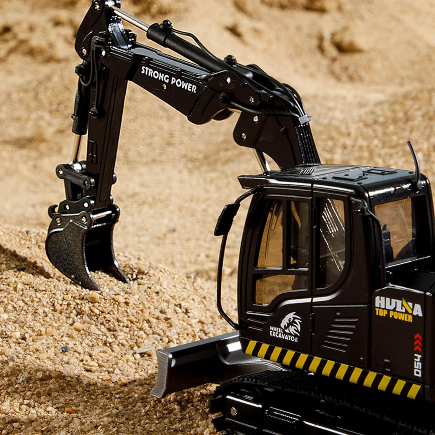 Gemini & Genius – Excavadora negra con orugas, juguete de construcción de excavadora a presión a escala 150, modelo de vehículo con giros de cabina