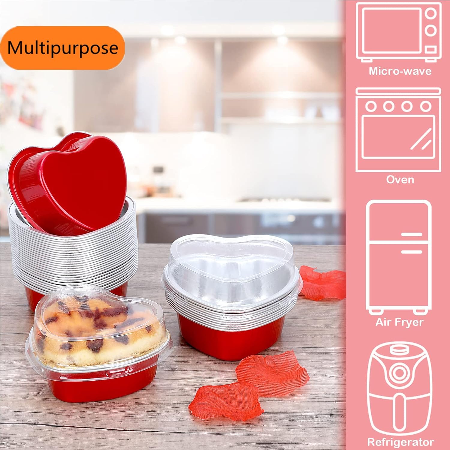 AXZTYYLA – Paquete de 50 moldes para pasteles en forma de corazón, de papel de aluminio, de 3.4 onzas, con tapas y cucharas, forros desechables para