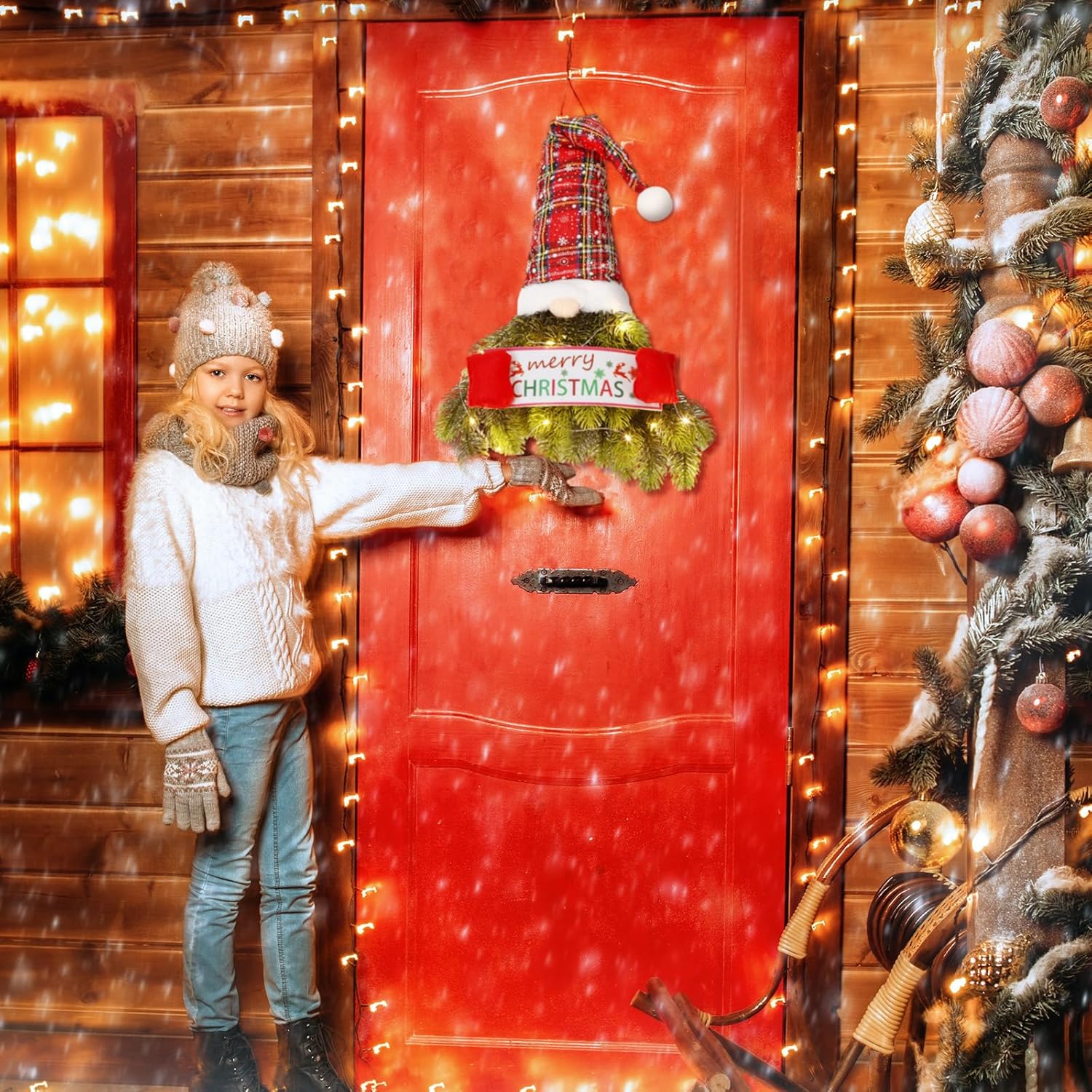 2 piezas de corona de Navidad de 30 pulgadas para puerta delantera, corona de Navidad con luz de pino artificial de abeto colgante, gnomo de Papá