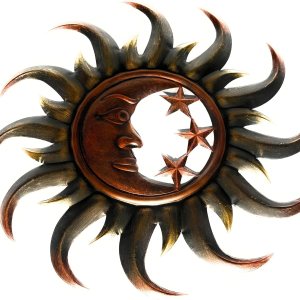 Decoración de sol de metal vintage de 19 pulgadas, diseño celestial redondo, luna creciente y estrellas rodeadas de sol, arte para interiores y Decoración de sol de metal vintage de 19 pulgadas, diseño celestial redondo, luna creciente y estrellas rodeadas de sol, arte para interiores y