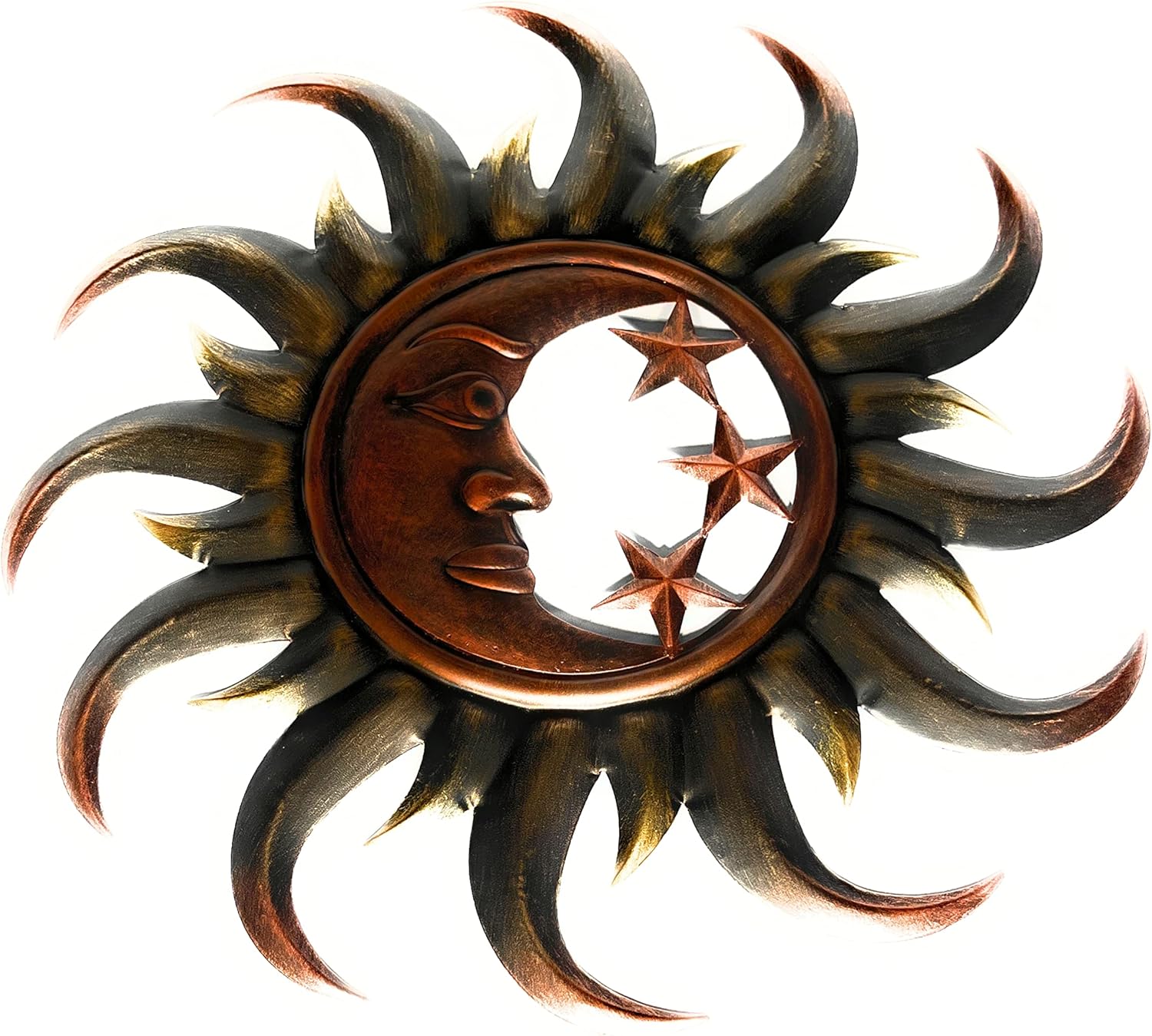Decoración de sol de metal vintage de 19 pulgadas, diseño celestial redondo, luna creciente y estrellas rodeadas de sol, arte para interiores y