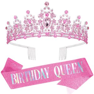Velscrun Coronas de cumpleaños para mujer, tiaras para mujer, banda de reina de cumpleaños rosa, corona de tiaras plateadas para niñas, corona de Velscrun Coronas de cumpleaños para mujer, tiaras para mujer, banda de reina de cumpleaños rosa, corona de tiaras plateadas para niñas, corona de
