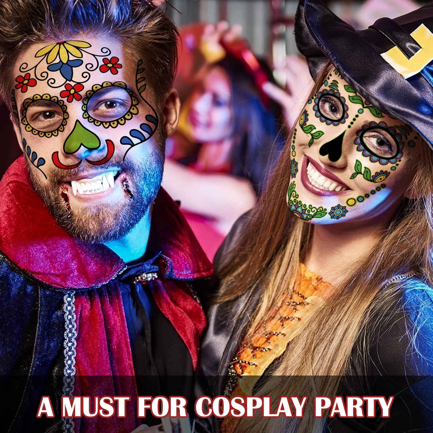 Kit de maquillaje de tatuajes de cara del día de los muertos, paquete de 10 tatuajes temporales de calavera de azúcar de Halloween para adultos,