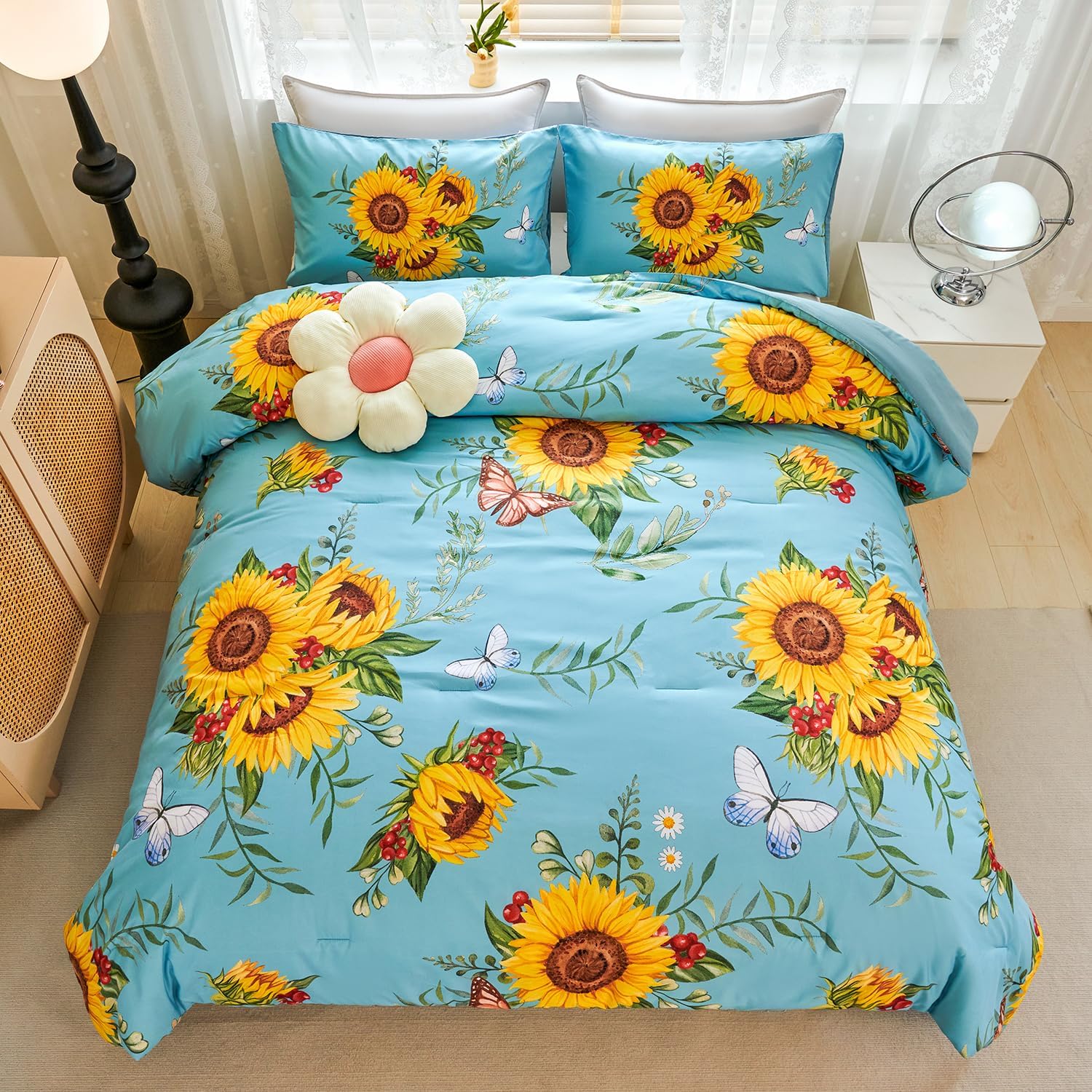 Juego de edredón de girasol azul con mariposa, juego de ropa de cama floral amarillo de 3 piezas, juego de ropa de cama tamaño Queen de granja,