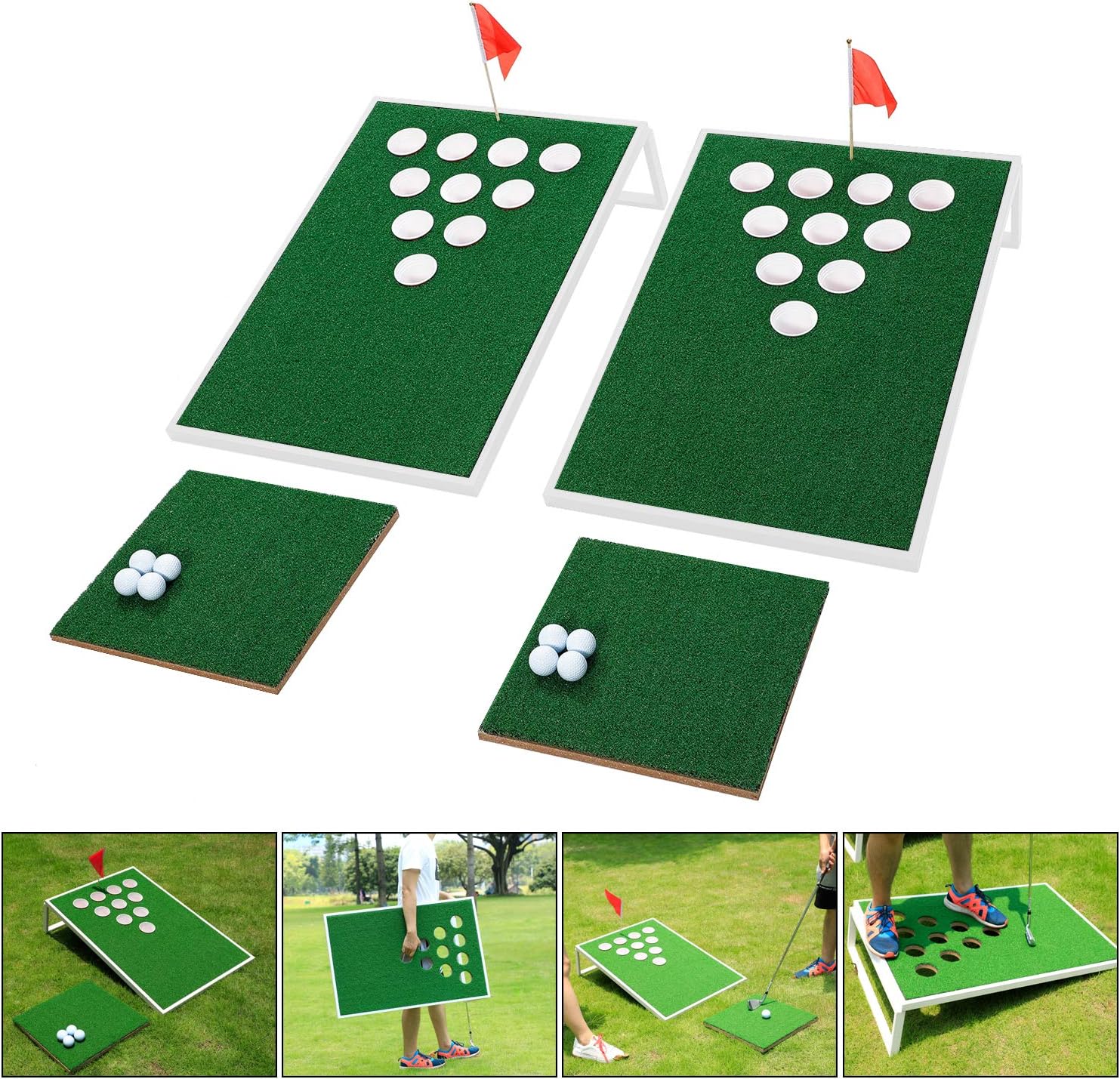 OOFIT Juego de Cornhole de golf combinado con juego de pong, tablas de juego de astillado con alfombrillas de astillado y pelotas de golf para