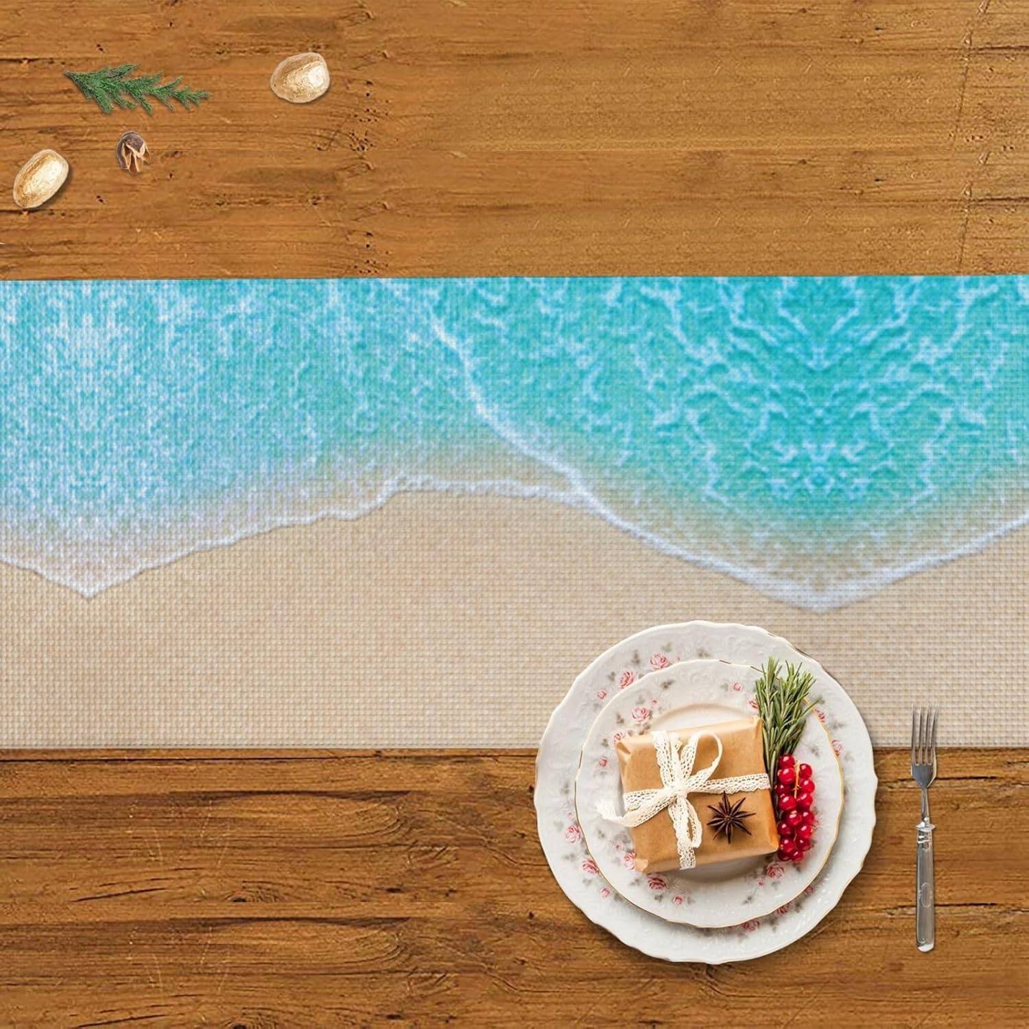 Camino de mesa de Navidad azul para la playa, decoración de mesa de comedor, decoración de Navidad, decoración de interiores del hogar, caminos de